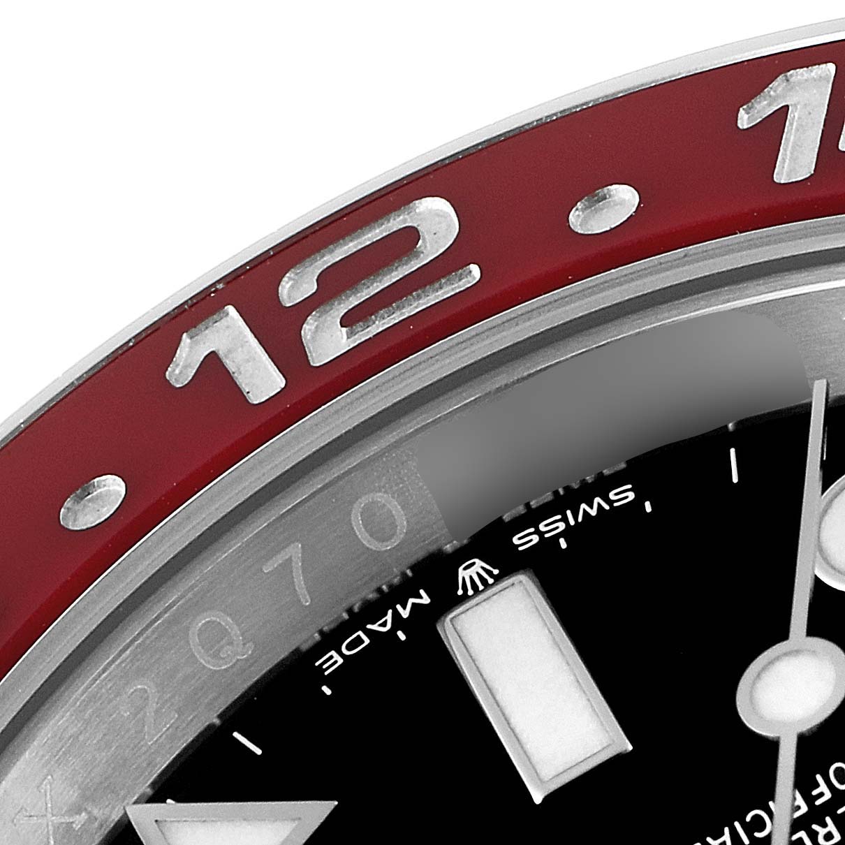 The image shows a close-up of the bezel and part of the dial of a Rolex GMT-Master 126710 Men
s Stainless Steel Black Dial 126710 Men
s Stainless Steel Black Dial watch.