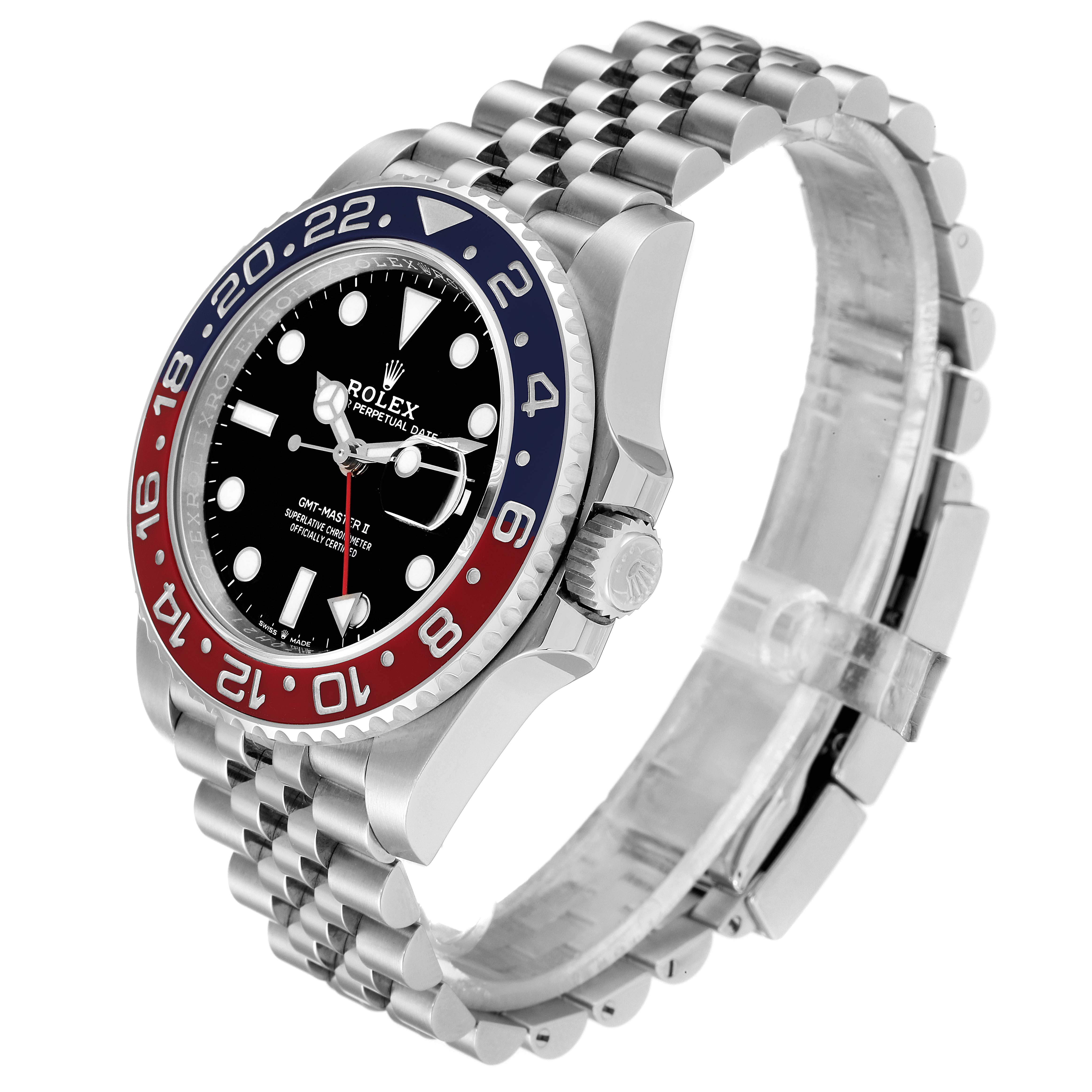 The image shows a side angle of a Rolex GMT-Master 126710 Men
s Stainless Steel Black Dial 126710 Men
s Stainless Steel Black Dial watch, focusing on the bezel, dial, crown, and bracelet.