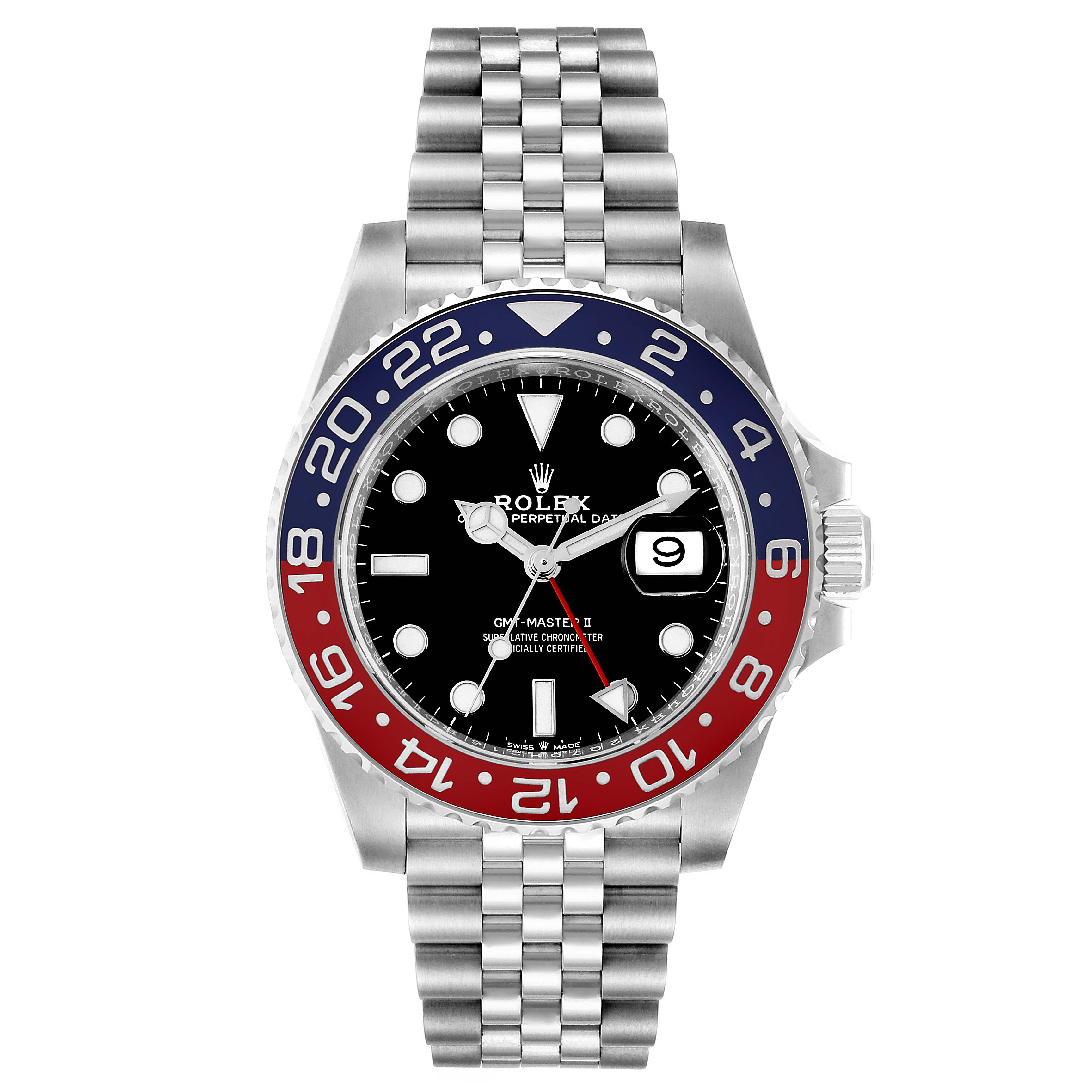 This Rolex GMT-Master 126710 Men
s Stainless Steel Black Dial 126710 Men
s Stainless Steel Black Dial II watch is shown from a top-down angle highlighting the bezel, dial, and jubilee bracelet.