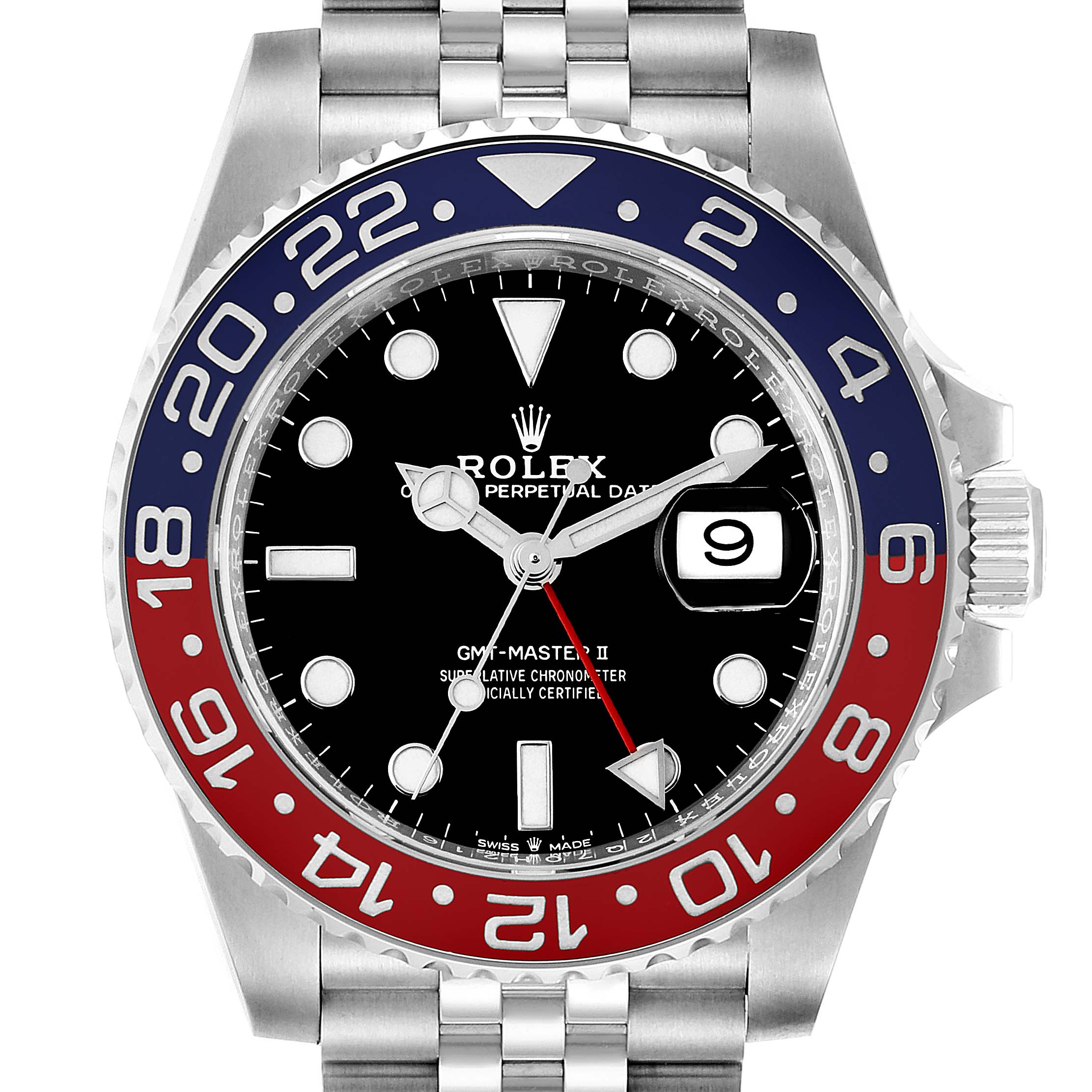 The image shows the front view of a Rolex GMT-Master 126710 Men
s Stainless Steel Black Dial 126710 Men
s Stainless Steel Black Dial II watch, highlighting the bezel, dial, hands, and part of the bracelet.