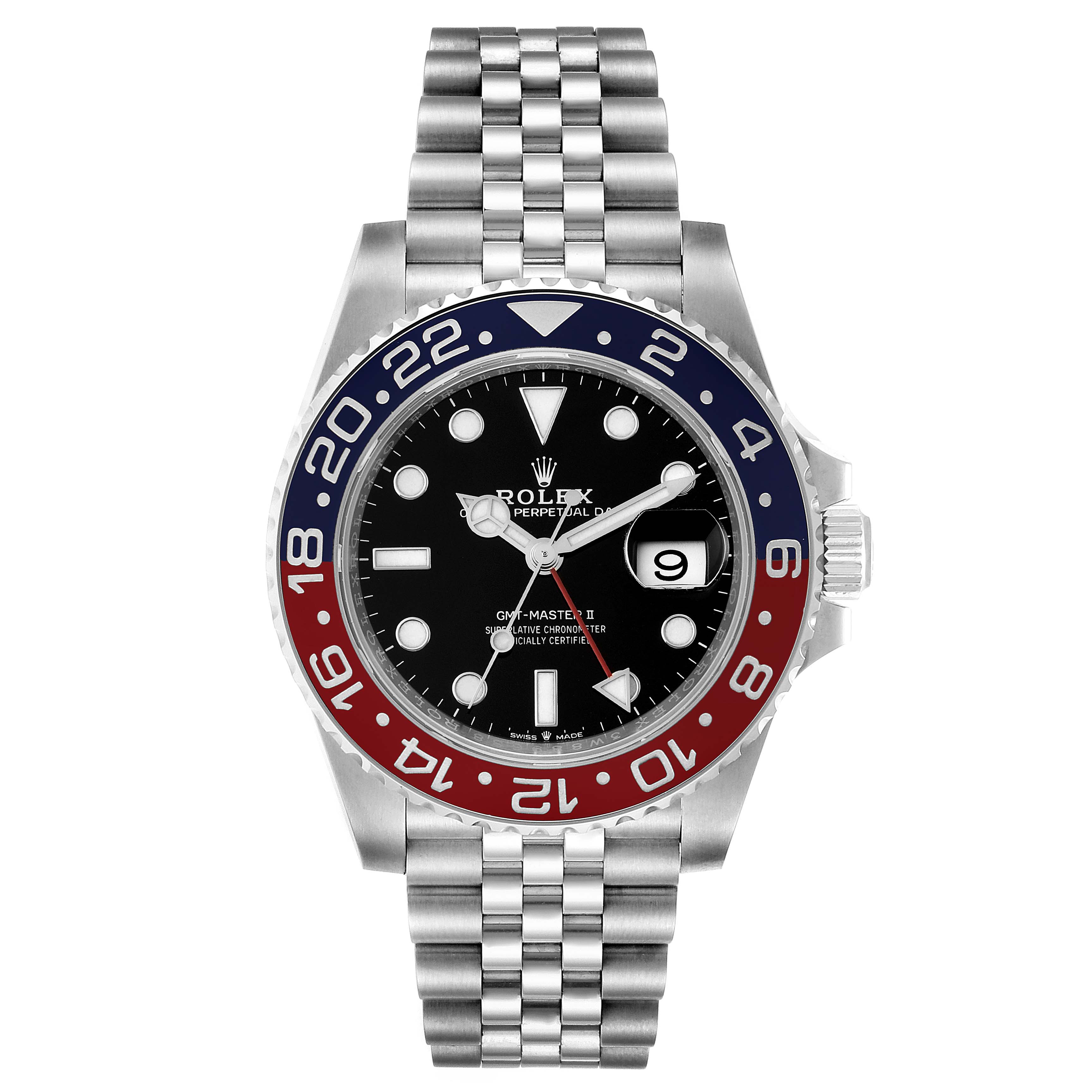 This image shows a front view of the Rolex GMT-Master 126710 Men
s Stainless Steel Black Dial 126710 Men
s Stainless Steel Black Dial II watch, showcasing its bezel, dial, and jubilee bracelet.