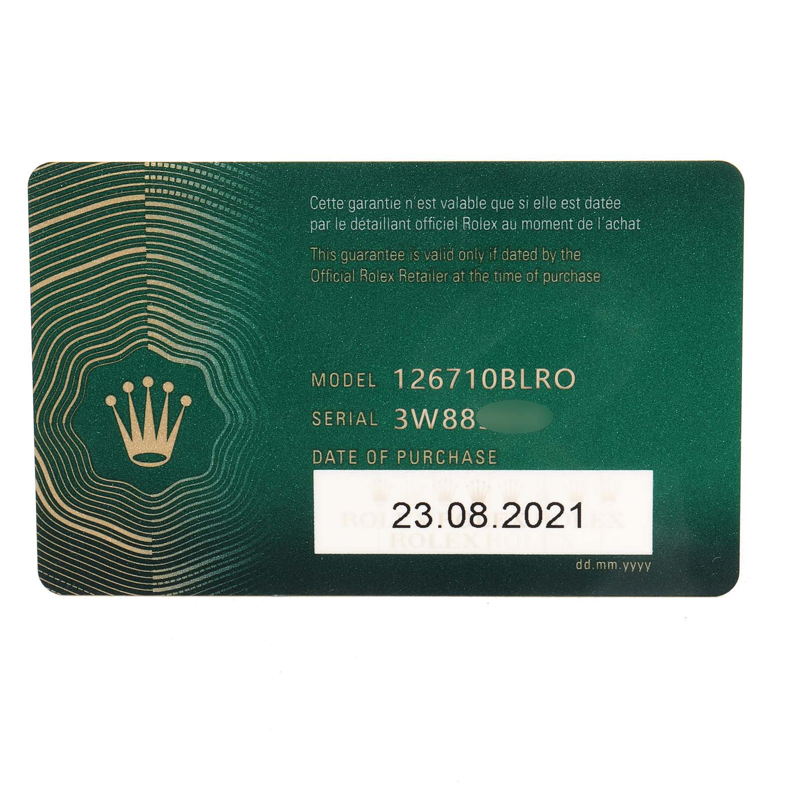 The image shows a warranty card for the Rolex GMT-Master 126710 Men
s Stainless Steel Black Dial 126710 Men
s Stainless Steel Black Dial model 126710BLRO, with purchase date.