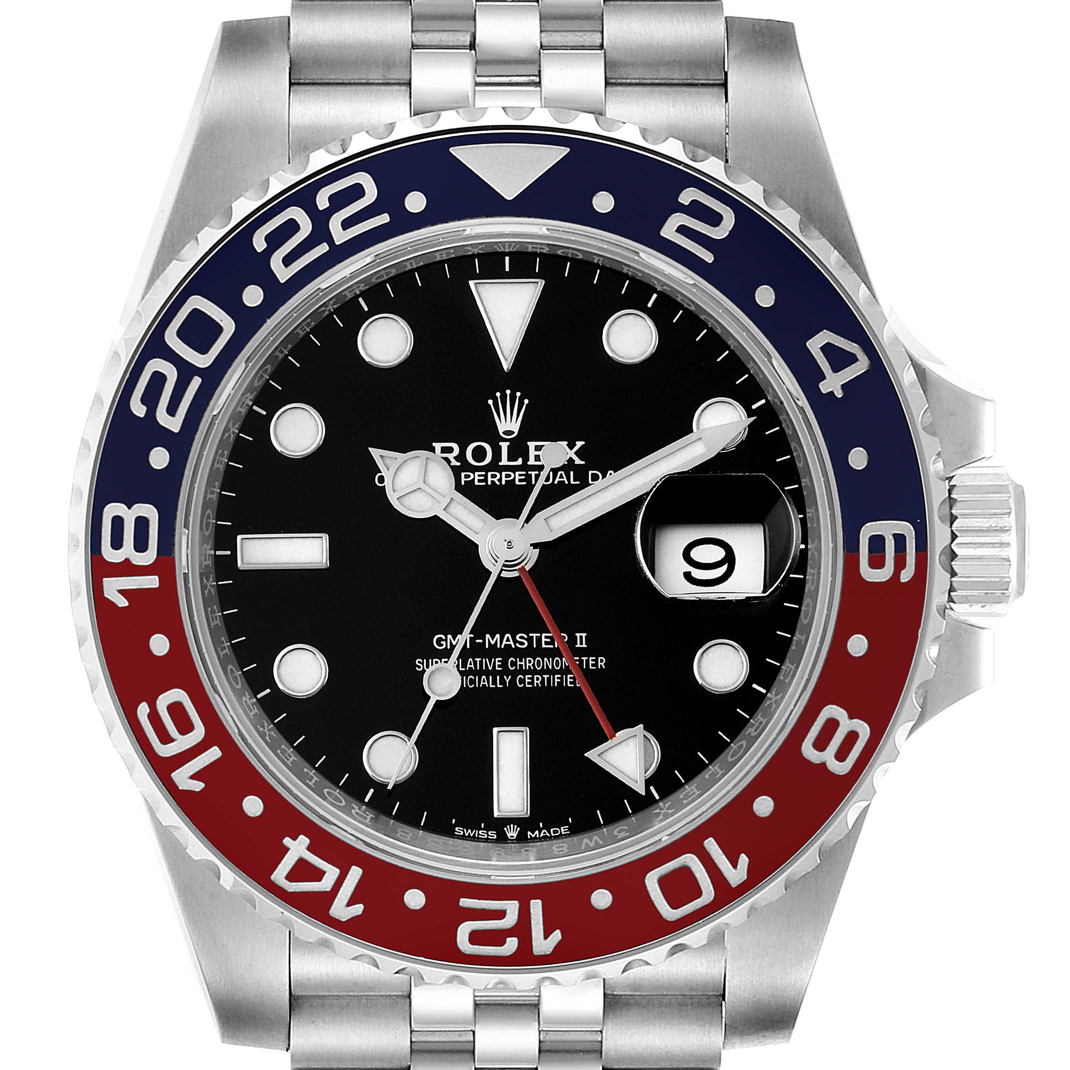 The image shows a front view of the Rolex GMT-Master 126710 Men
s Stainless Steel Black Dial 126710 Men
s Stainless Steel Black Dial II, featuring the bezel, dial, hands, and part of the bracelet.