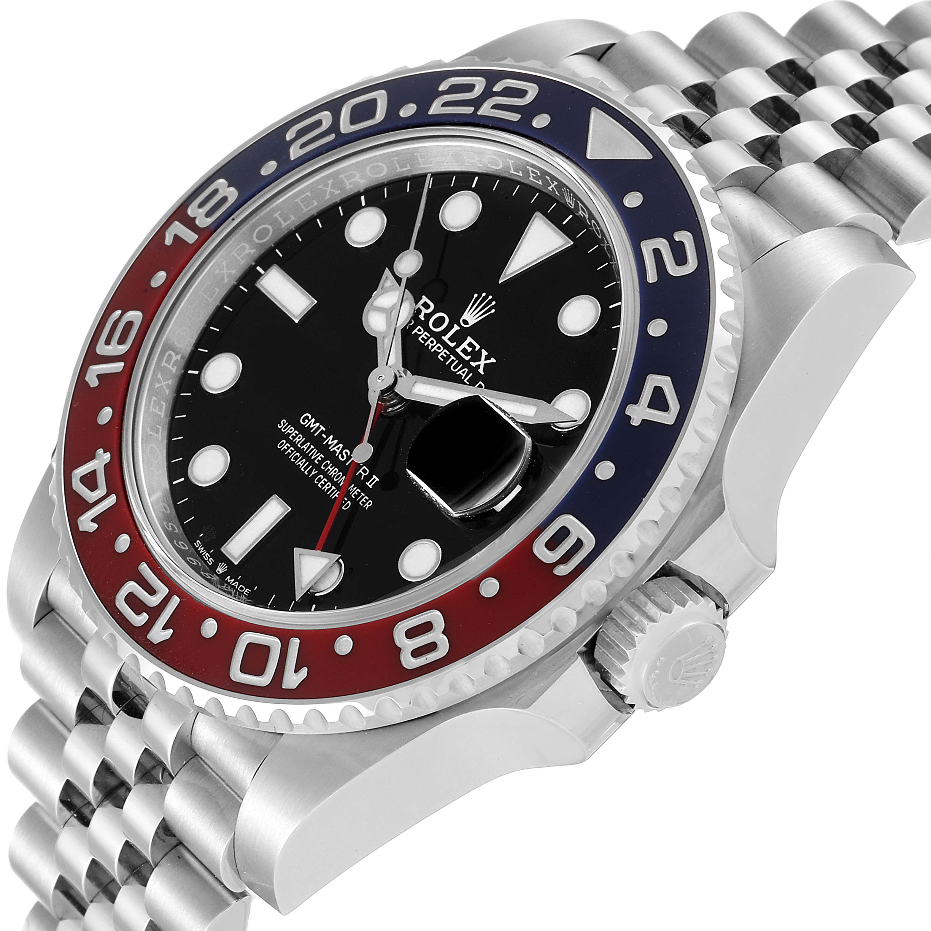 This image shows a Rolex GMT-Master 126710 Men
s Stainless Steel Black Dial 126710 Men
s Stainless Steel Black Dial watch at an oblique angle, highlighting the bezel, crown, and part of the jubilee bracelet.