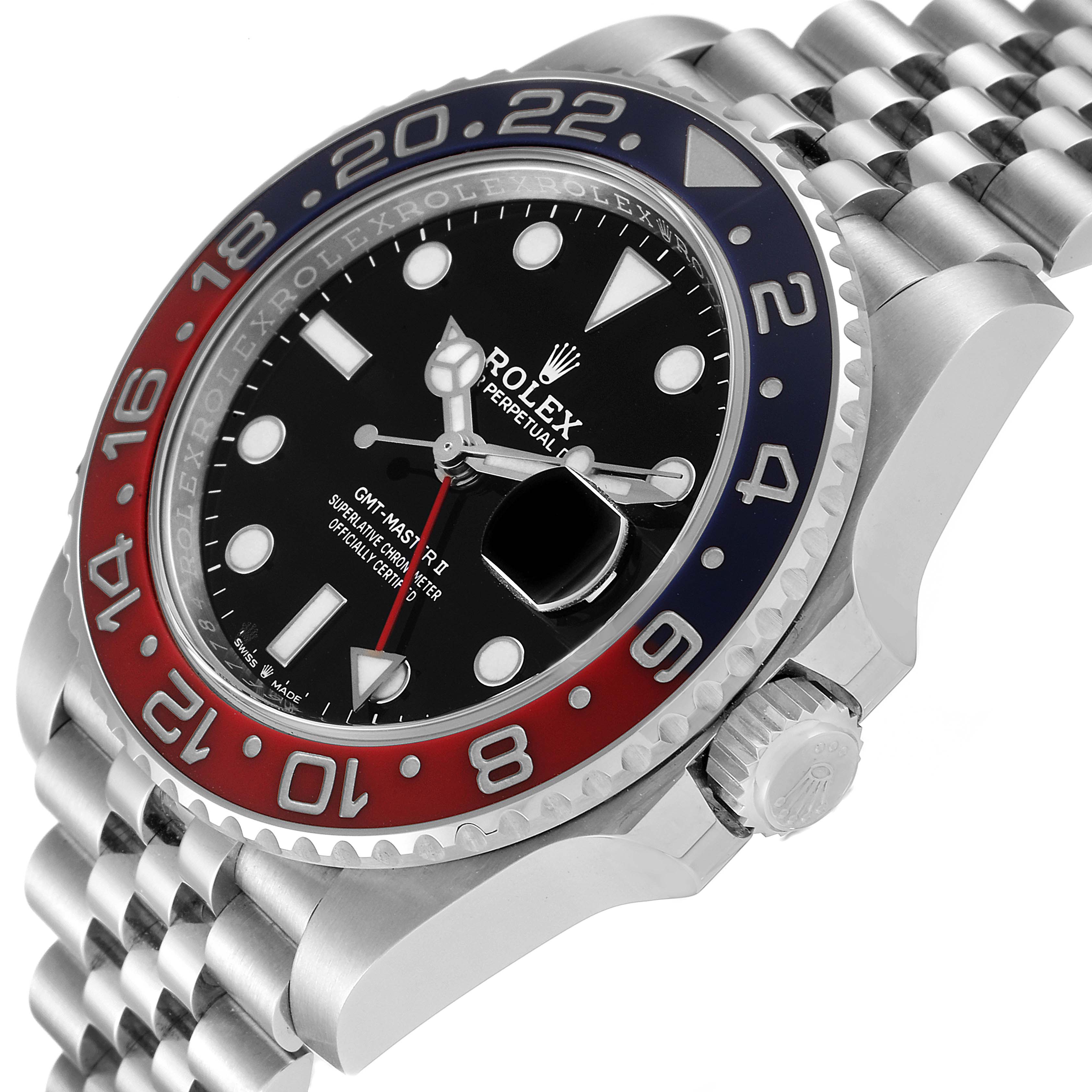 This image shows an angled view of a Rolex GMT-Master 126710 Men's Stainless Steel Black Dial 126710 Men's Stainless Steel Black Dial II watch face, bezel, crown, and part of the bracelet.
