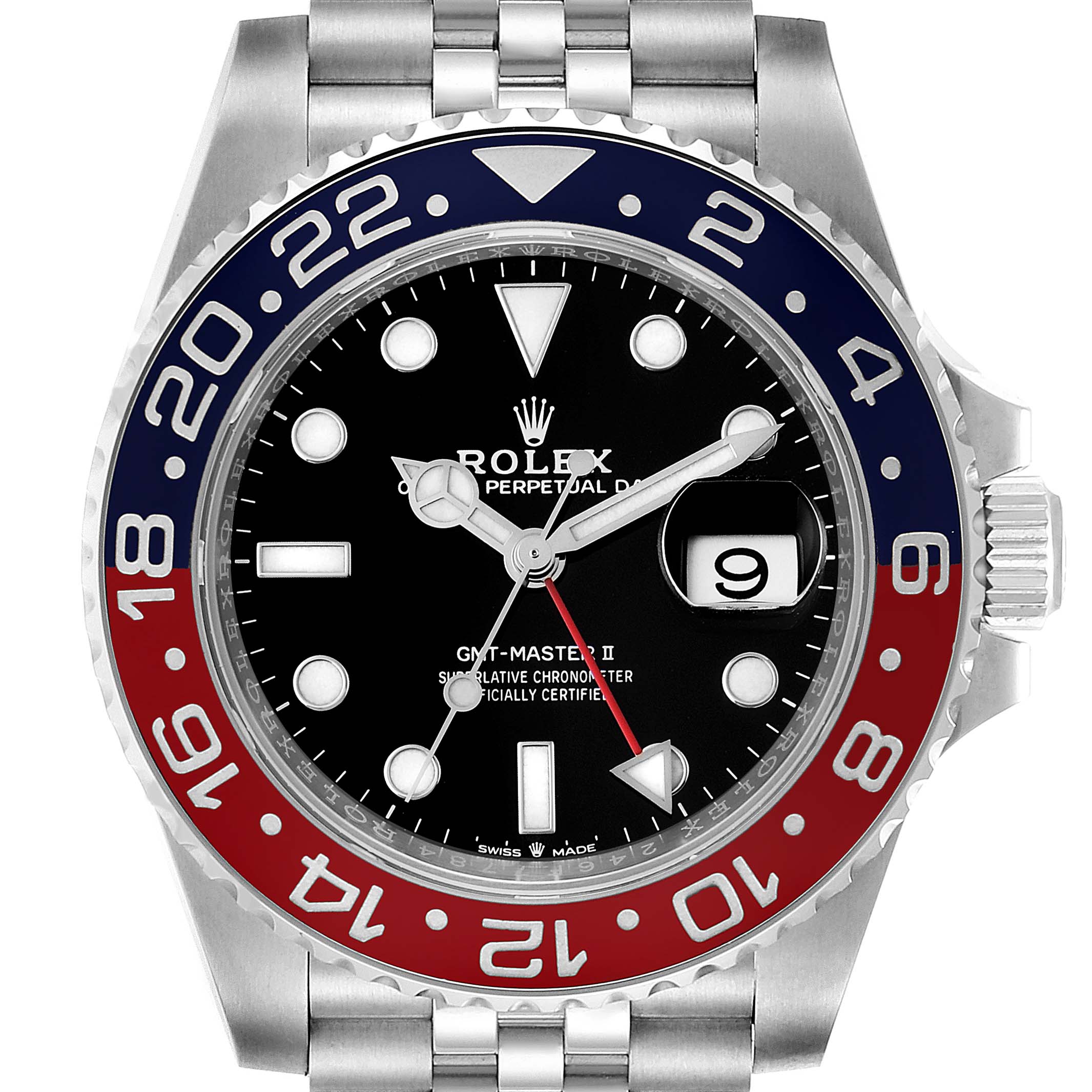 The Rolex GMT-Master 126710 Men's Stainless Steel Black Dial 126710 Men's Stainless Steel Black Dial II watch is shown from a front angle, highlighting its bezel, dial, hands, crown, and bracelet.