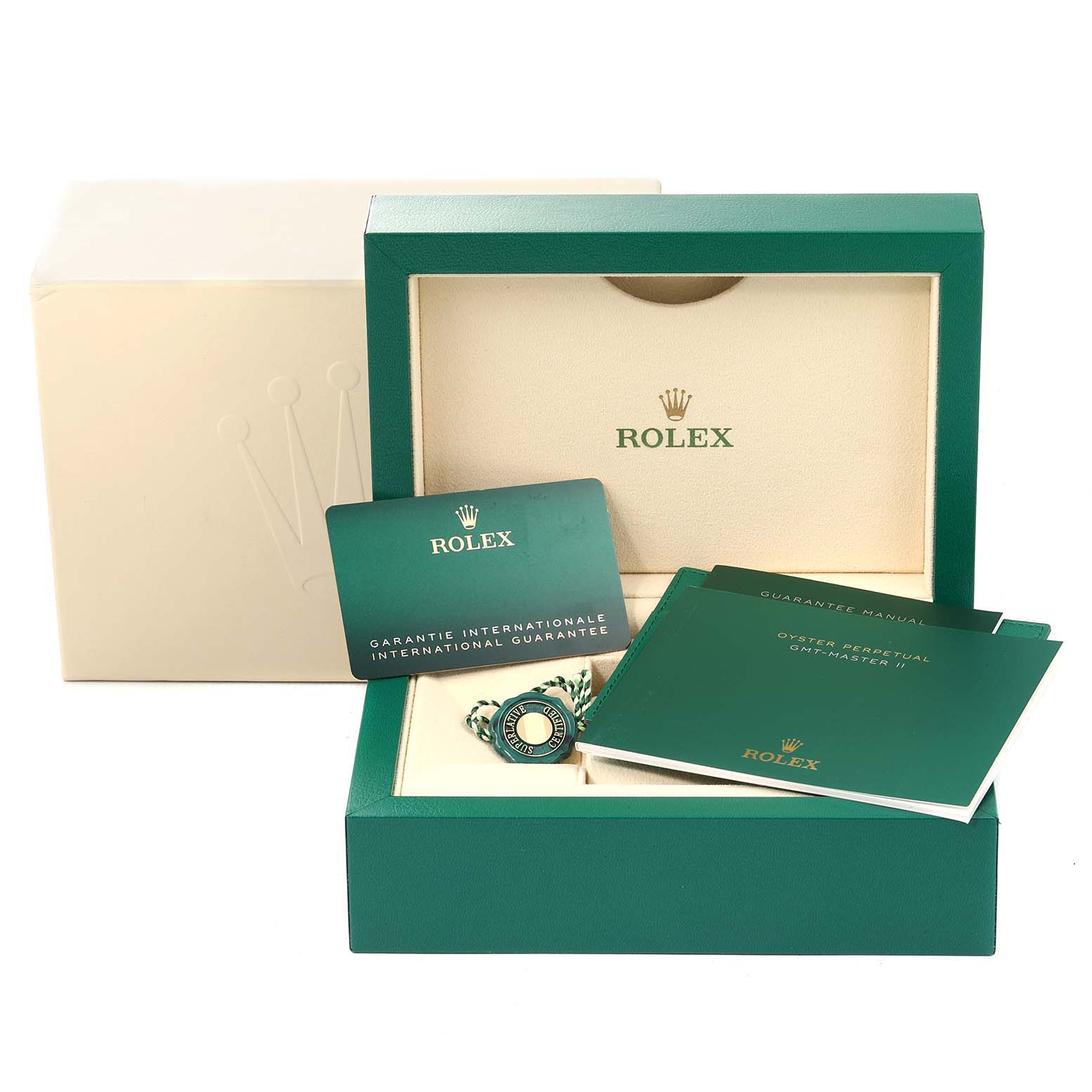 The image shows the packaging, guarantee cards, manuals, and tags for a Rolex GMT-Master 126710 Men's Stainless Steel Black Dial 126710 Men's Stainless Steel Black Dial watch.