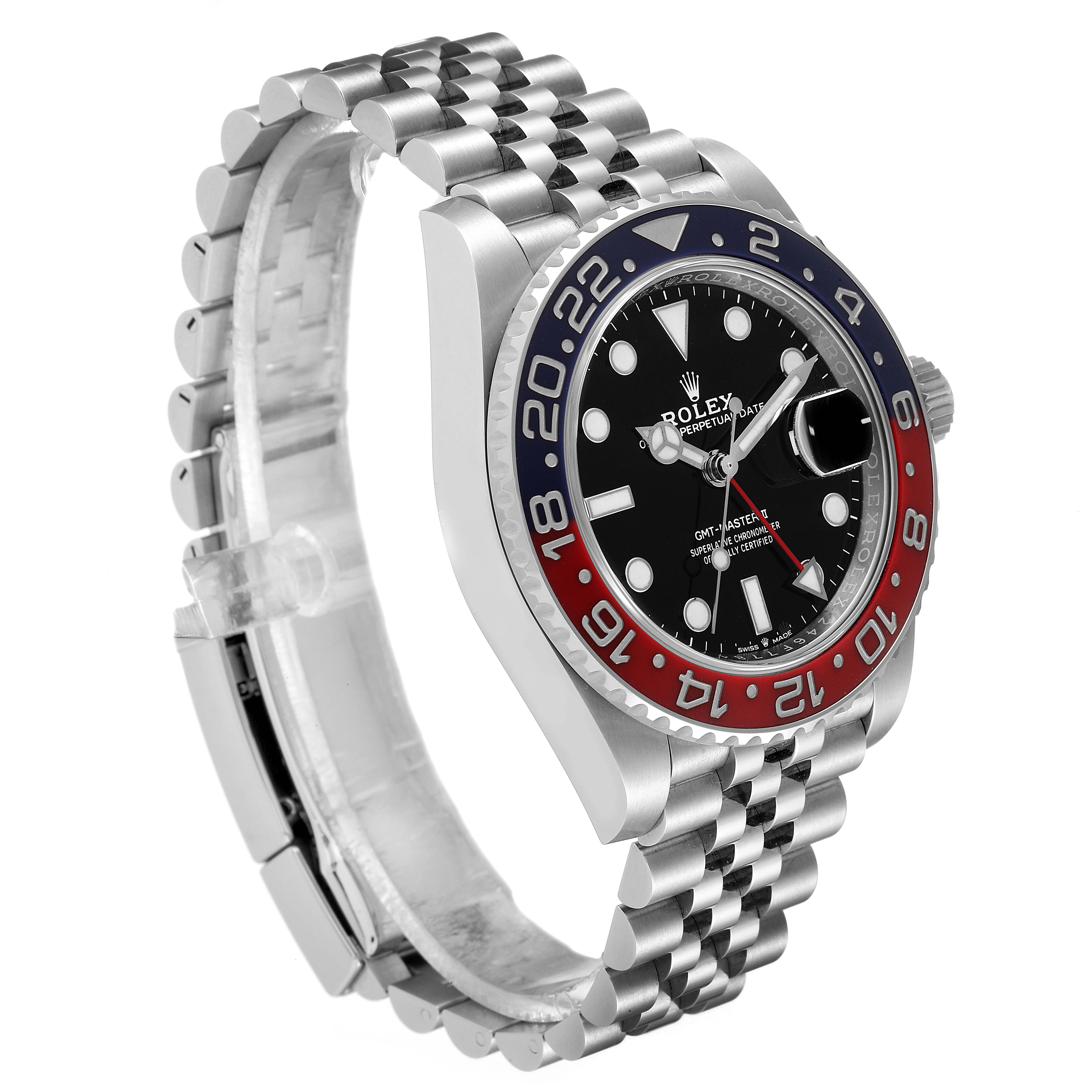 The image shows a Rolex GMT-Master 126710 Men's Stainless Steel Black Dial 126710 Men's Stainless Steel Black Dial watch at a 45-degree angle, highlighting its bezel, face, and jubilee bracelet.