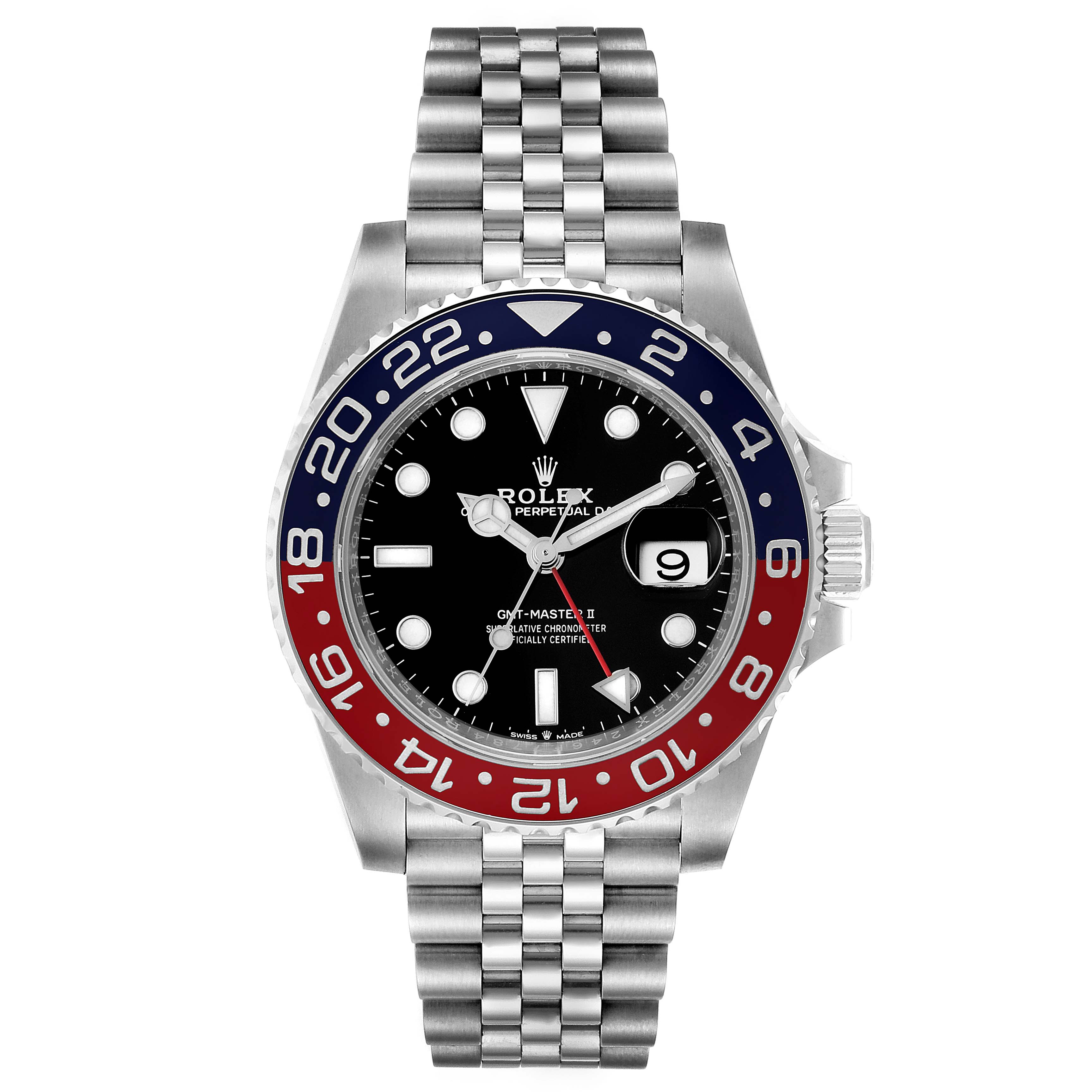 The image shows a front view of a Rolex GMT-Master 126710 Men's Stainless Steel Black Dial 126710 Men's Stainless Steel Black Dial watch, highlighting its bezel, face, and bracelet.