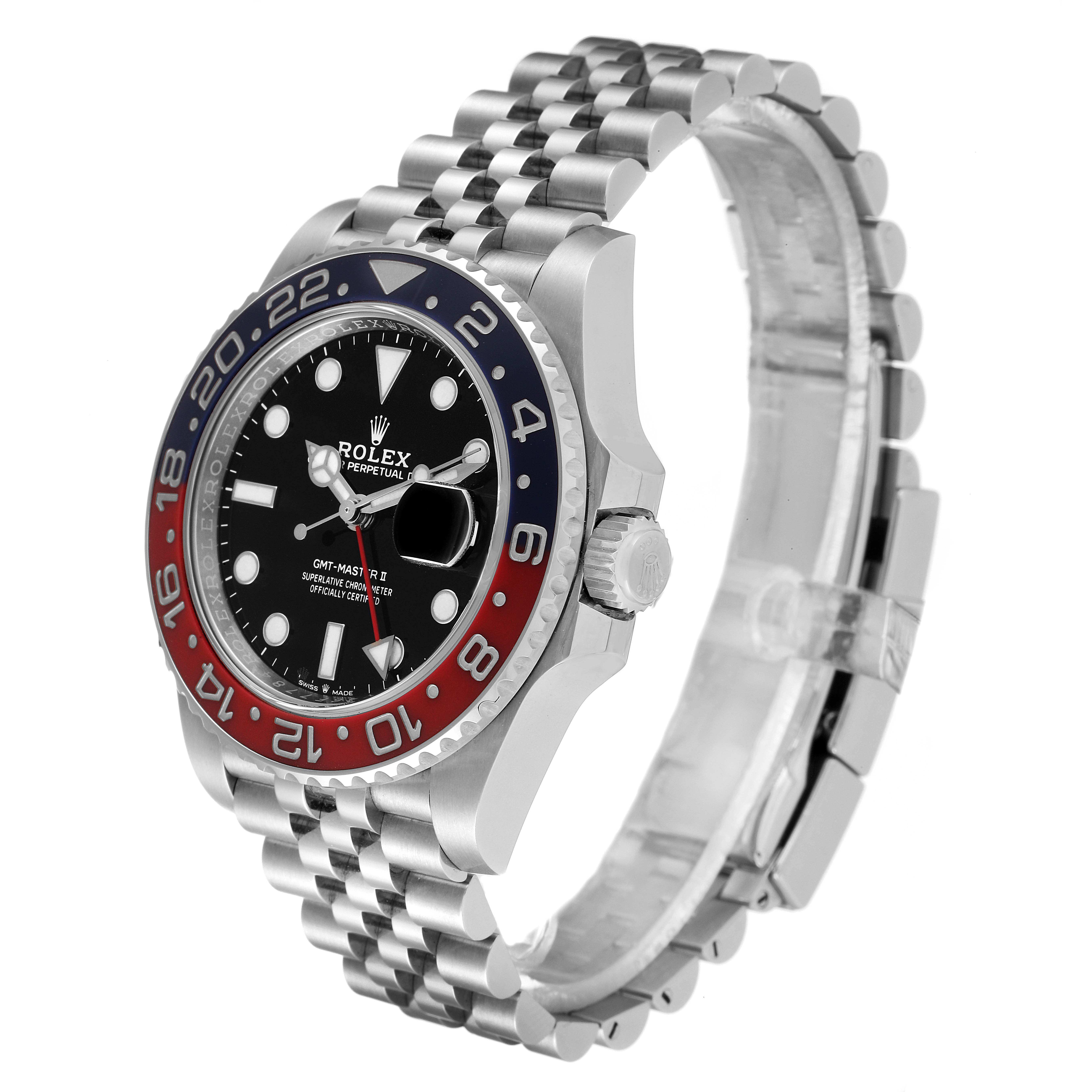 The Rolex GMT-Master 126710 Men's Stainless Steel Black Dial 126710 Men's Stainless Steel Black Dial watch is shown at an angle highlighting the face, crown, and part of the strap.