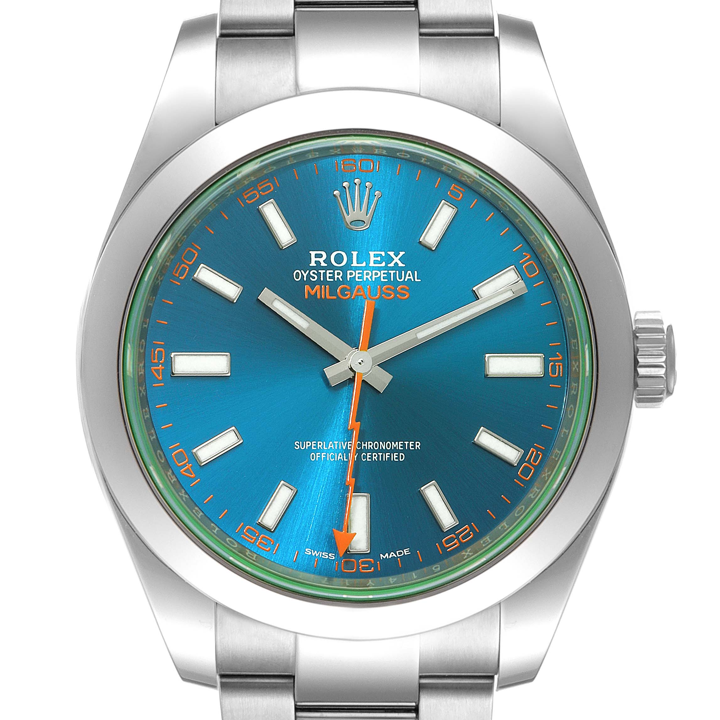 This image shows a frontal view of a Rolex Milgauss 116400GV Men
s Stainless Steel Blue Dial 116400GV Men
s Stainless Steel Blue Dial watch, highlighting the blue dial, orange lightning bolt second hand, and stainless steel case.