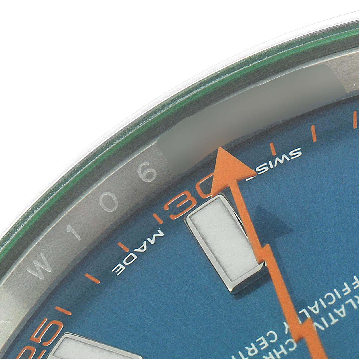The image shows a close-up of the dial and second hand of a Rolex Milgauss 116400GV Men
s Stainless Steel Blue Dial 116400GV Men
s Stainless Steel Blue Dial watch.