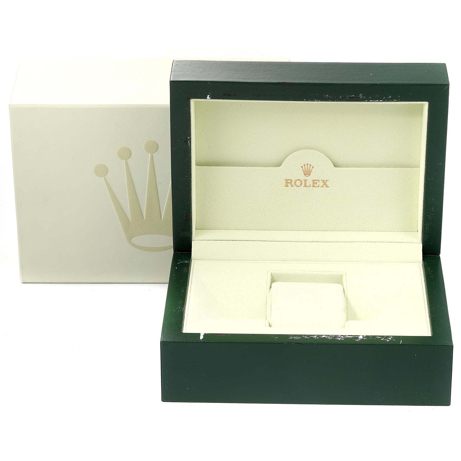 The image shows an open presentation box for the Rolex Milgauss 116400GV Men
s Stainless Steel Blue Dial 116400GV Men
s Stainless Steel Blue Dial watch, with a green outer box and cream interior.