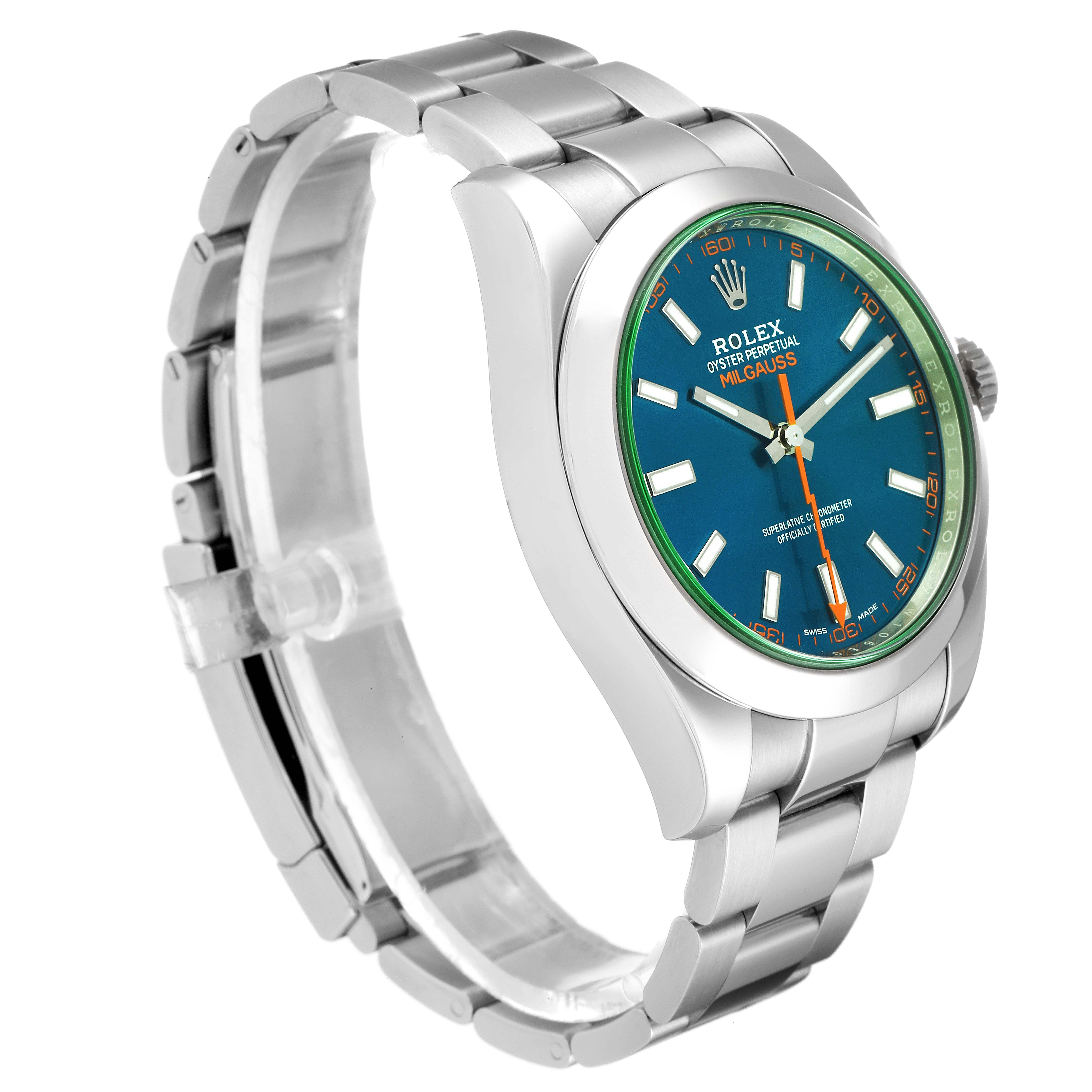 The image shows a Rolex Milgauss 116400GV Men
s Stainless Steel Blue Dial 116400GV Men
s Stainless Steel Blue Dial watch at an angle highlighting its blue dial, stainless steel bracelet, and green sapphire crystal.