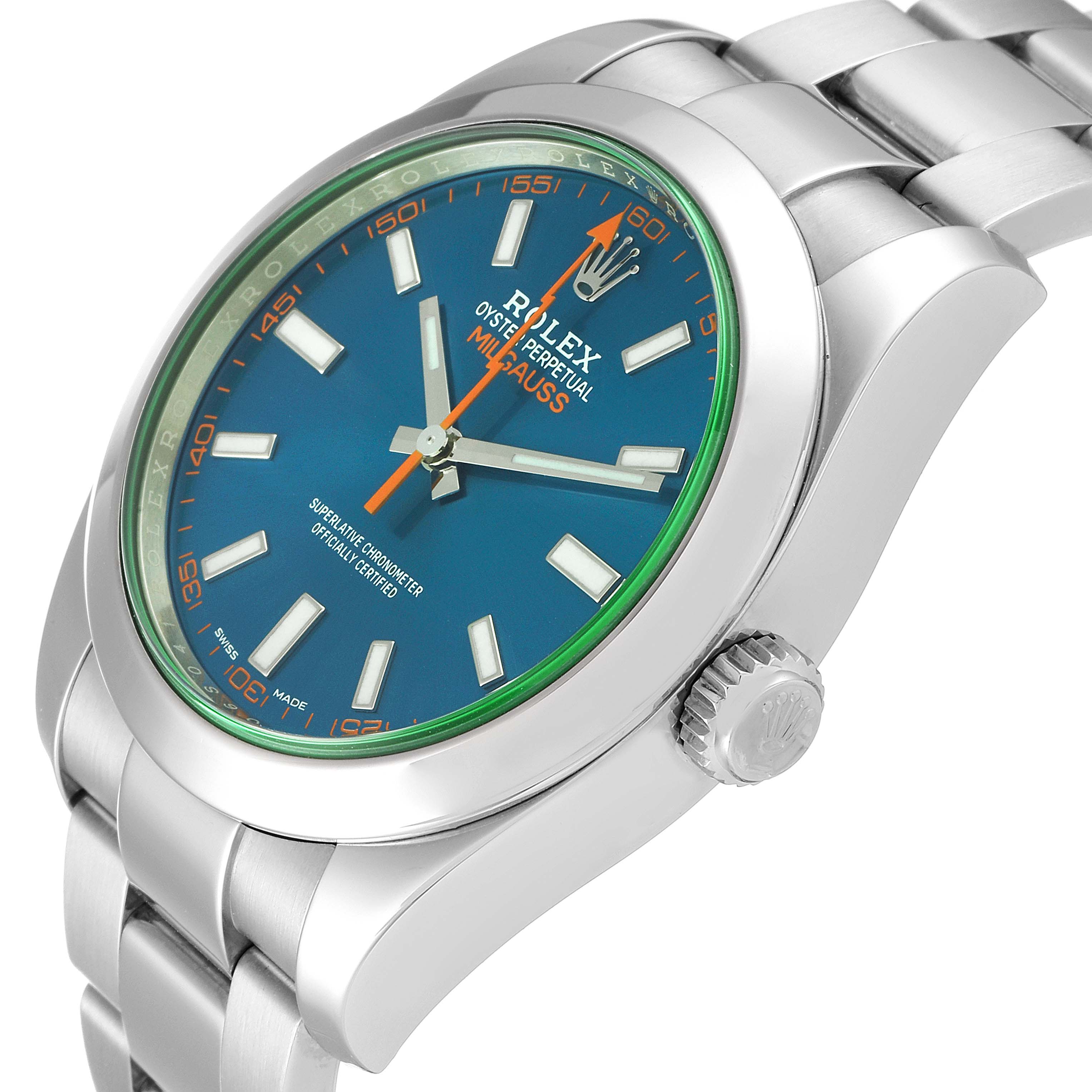 This Rolex Milgauss 116400GV Men
s Stainless Steel Blue Dial 116400GV Men
s Stainless Steel Blue Dial watch is shown at an angled close-up, highlighting the face, crown, and part of the bracelet.