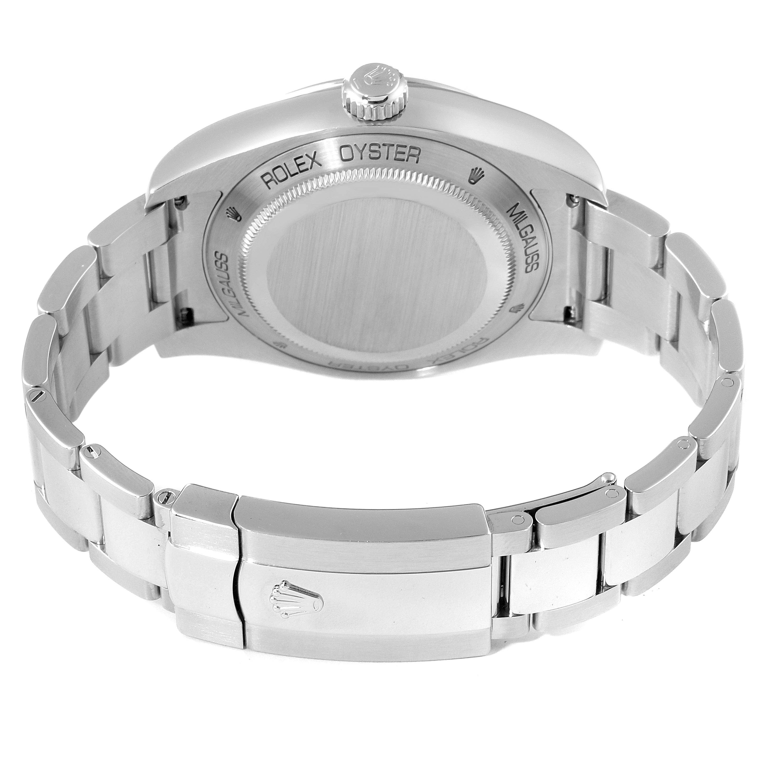 The image shows the back view of a Rolex Milgauss 116400GV Men
s Stainless Steel Blue Dial 116400GV Men
s Stainless Steel Blue Dial watch, highlighting the caseback and bracelet.