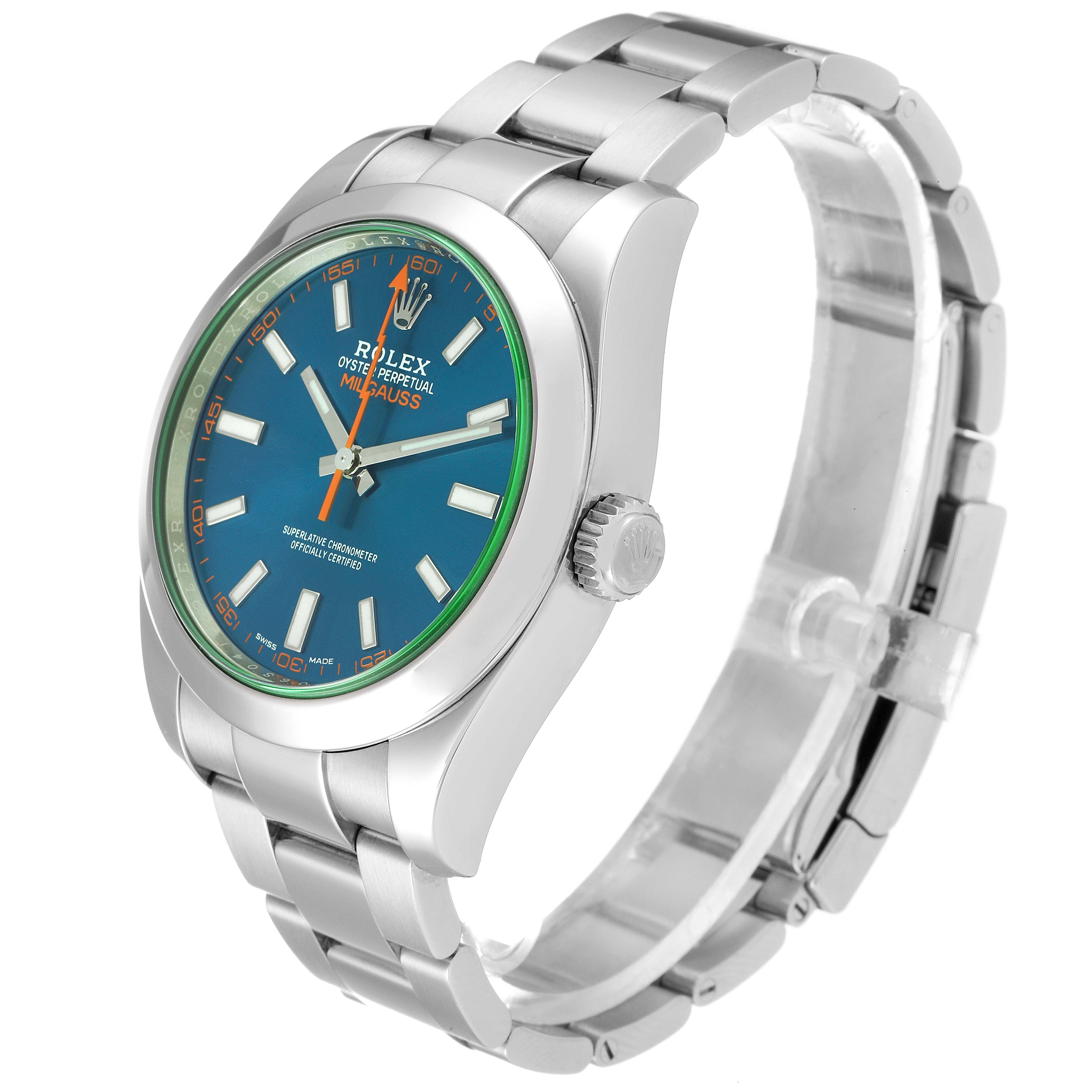The image shows a side and front angle of the Rolex Milgauss 116400GV Men
s Stainless Steel Blue Dial 116400GV Men
s Stainless Steel Blue Dial watch, highlighting the face, crown, and bracelet.