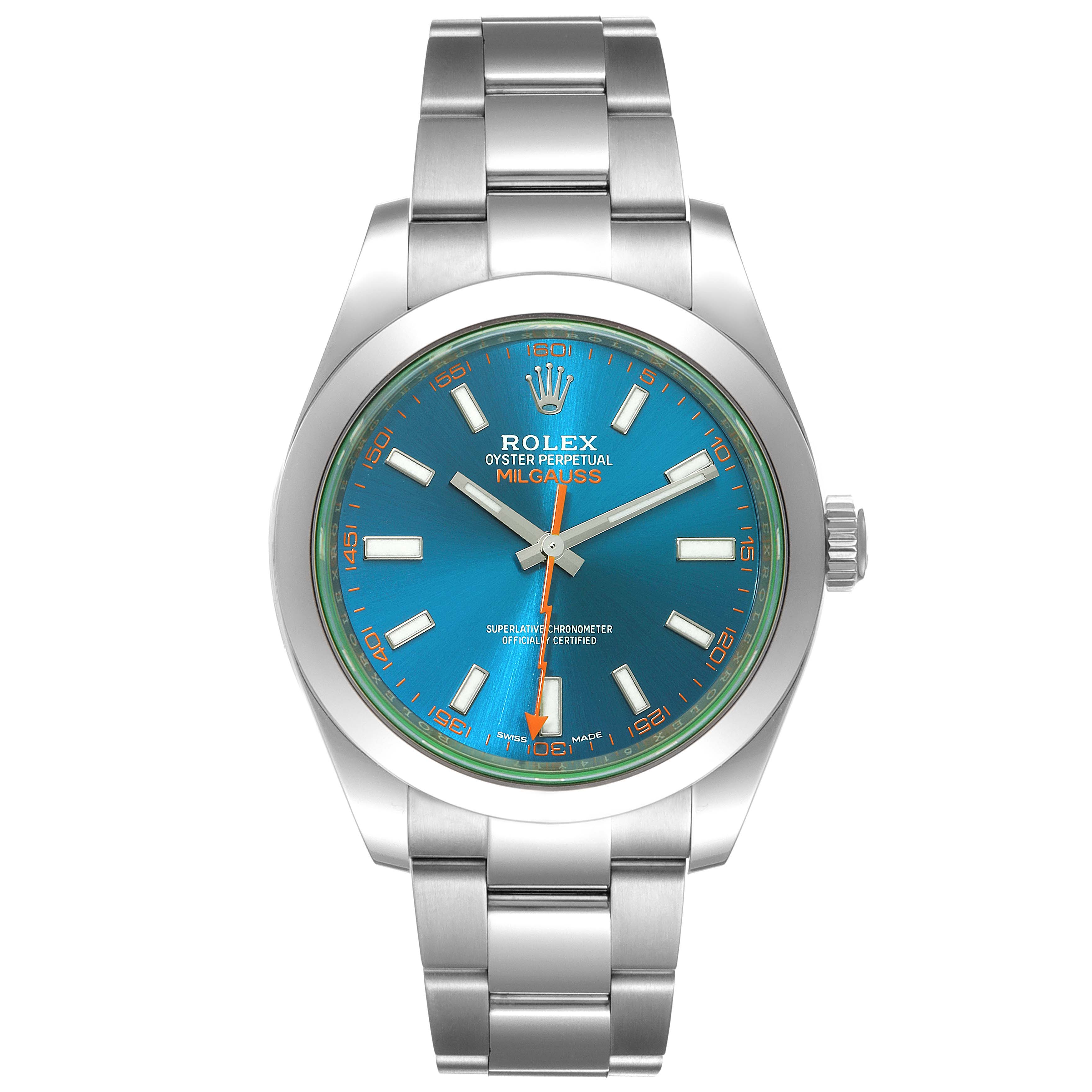 This image shows a front view of the Rolex Milgauss 116400GV Men
s Stainless Steel Blue Dial 116400GV Men
s Stainless Steel Blue Dial watch, highlighting its blue dial, stainless steel case, and bracelet.