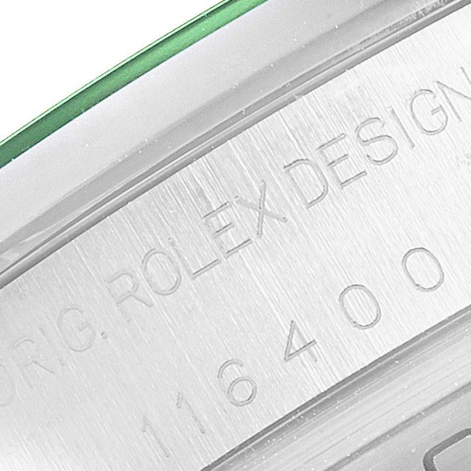 This image shows a close-up of the side engraving on a Rolex Milgauss 116400GV Men
s Stainless Steel Blue Dial 116400GV Men
s Stainless Steel Blue Dial watch.