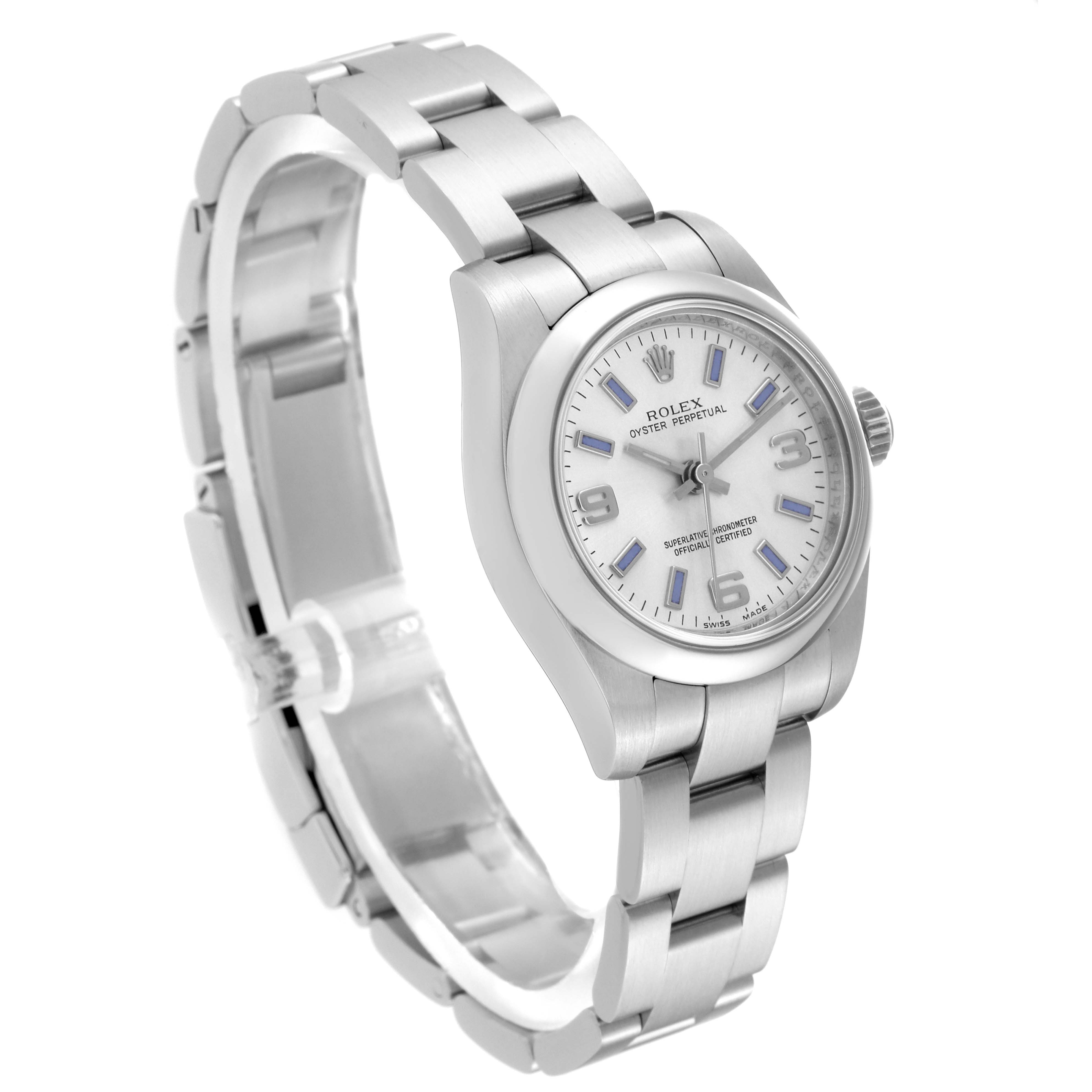 The image shows a Rolex Oyster Perpetual 176200 Women's Stainless Steel Silver Dial 176200 Women's Stainless Steel Silver Dial watch from a three-quarter angle, highlighting the dial, bezel, and bracelet.
