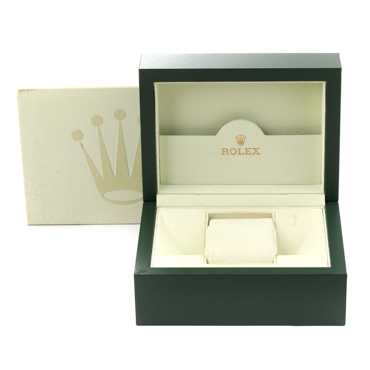 The image shows an open Rolex watch box for the Oyster Perpetual model, including the outer box and inner cushion.