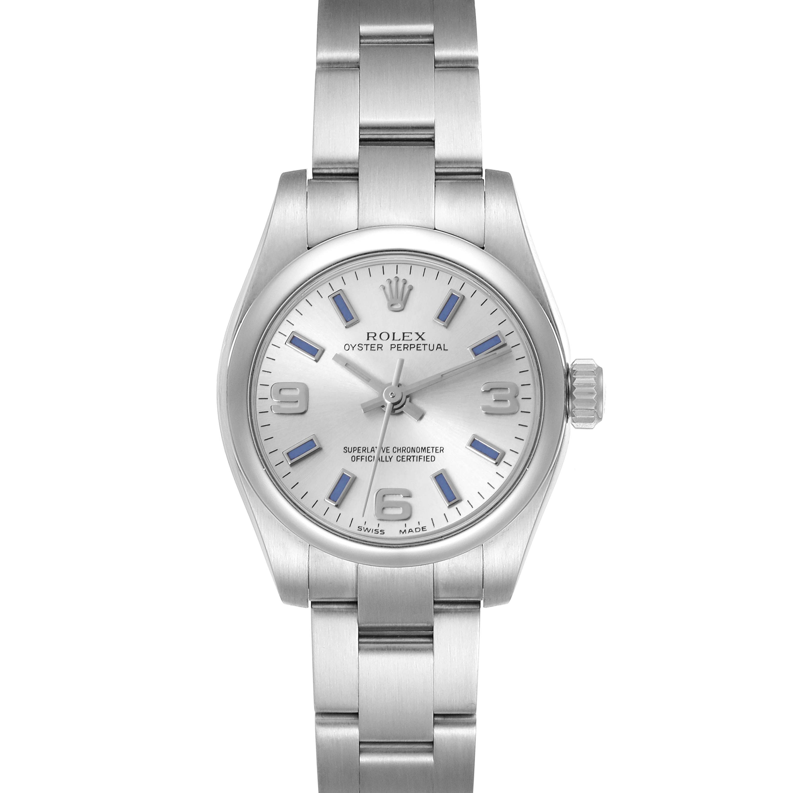 The image shows a Rolex Oyster Perpetual 176200 Women's Stainless Steel Silver Dial 176200 Women's Stainless Steel Silver Dial watch from a front angle, highlighting its dial, bracelet, and crown.