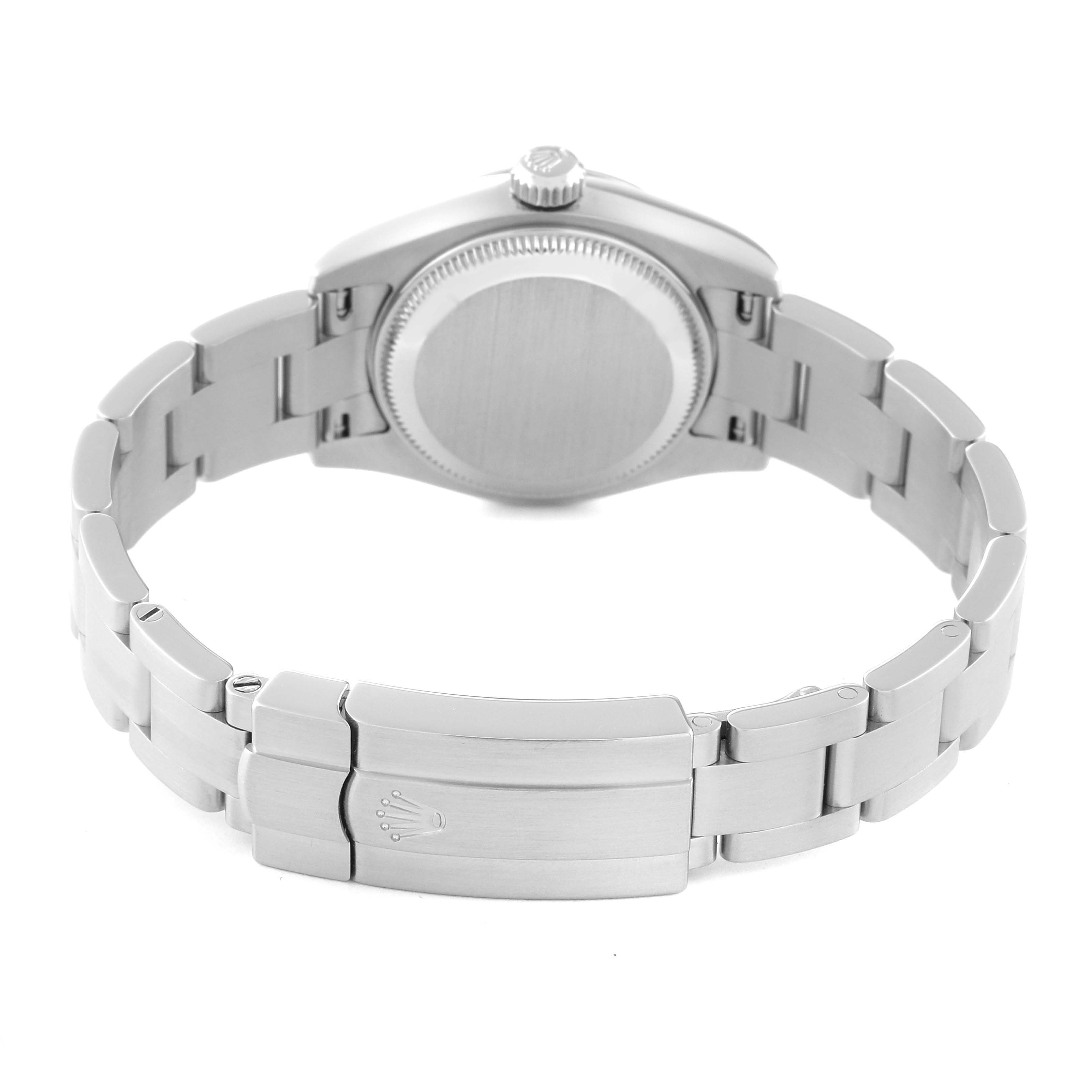 The image shows the back case and clasp of a Rolex Oyster Perpetual 176200 Women's Stainless Steel Silver Dial 176200 Women's Stainless Steel Silver Dial watch, viewed from the rear.