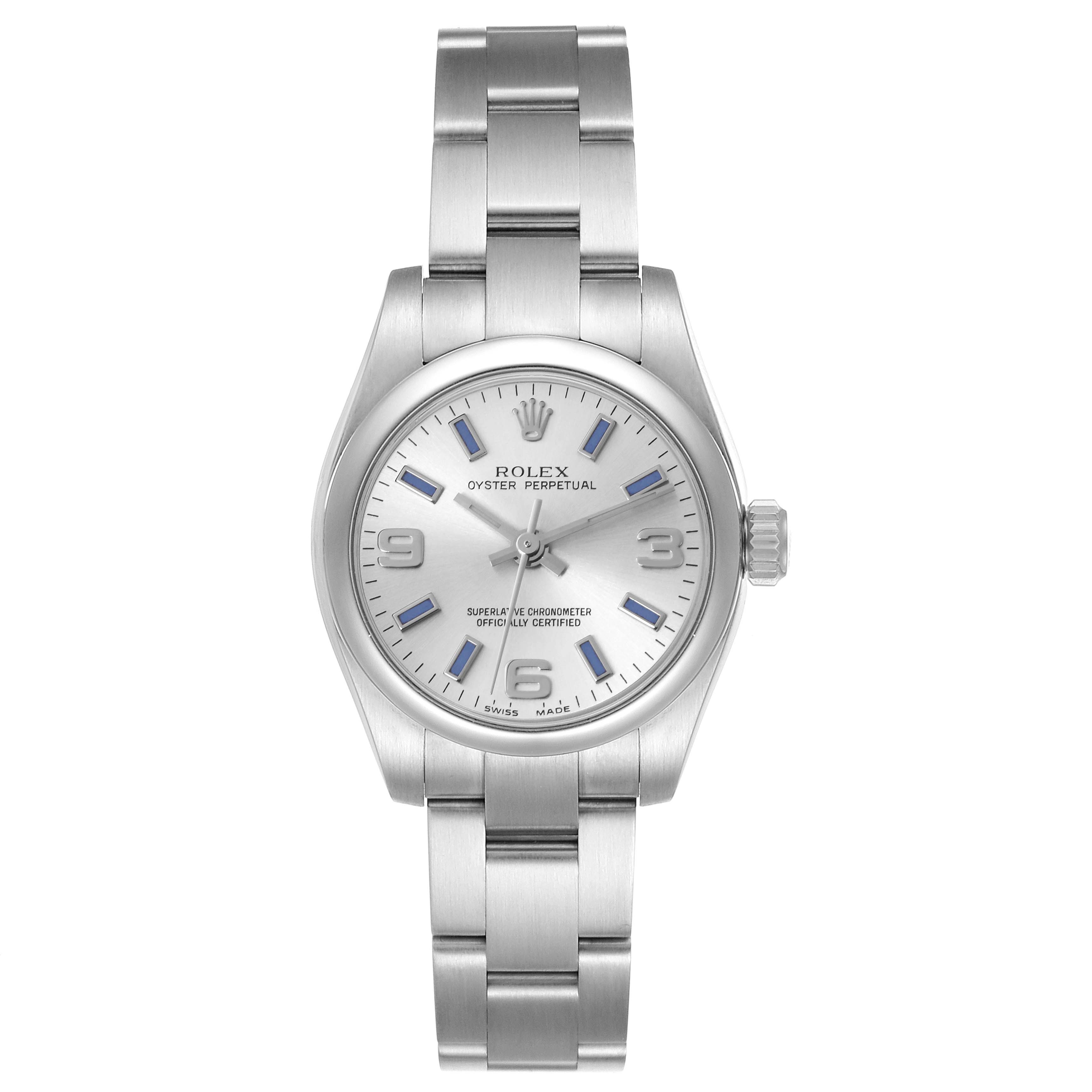 This image shows a front view of a Rolex Oyster Perpetual 176200 Women's Stainless Steel Silver Dial 176200 Women's Stainless Steel Silver Dial watch, displaying its face, bezel, and bracelet.