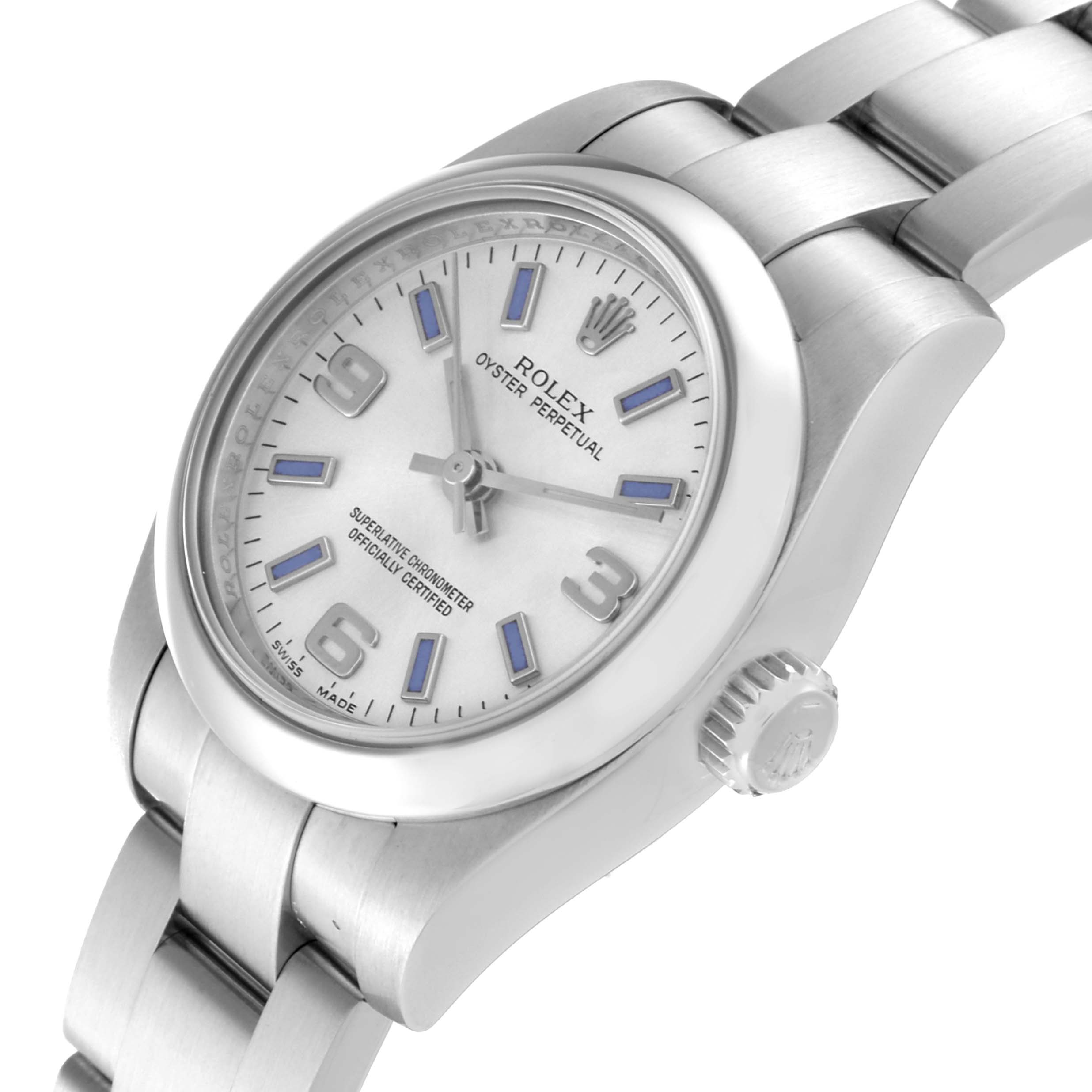 This image shows a Rolex Oyster Perpetual 176200 Women's Stainless Steel Silver Dial 176200 Women's Stainless Steel Silver Dial watch at a three-quarter angle, highlighting the dial, crown, and bracelet.