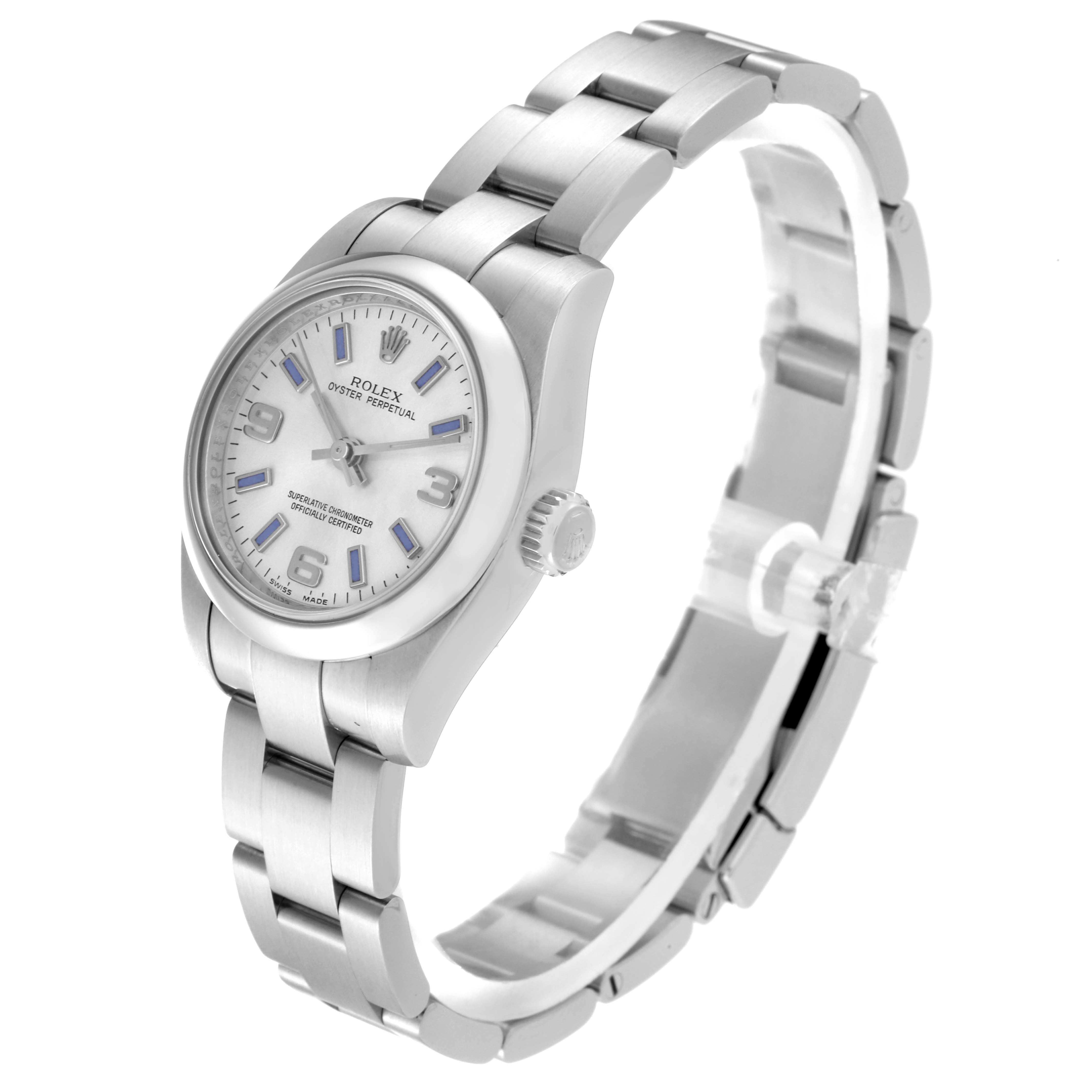 The image shows a side angle of a Rolex Oyster Perpetual 176200 Women's Stainless Steel Silver Dial 176200 Women's Stainless Steel Silver Dial watch, highlighting the dial, crown, and bracelet.