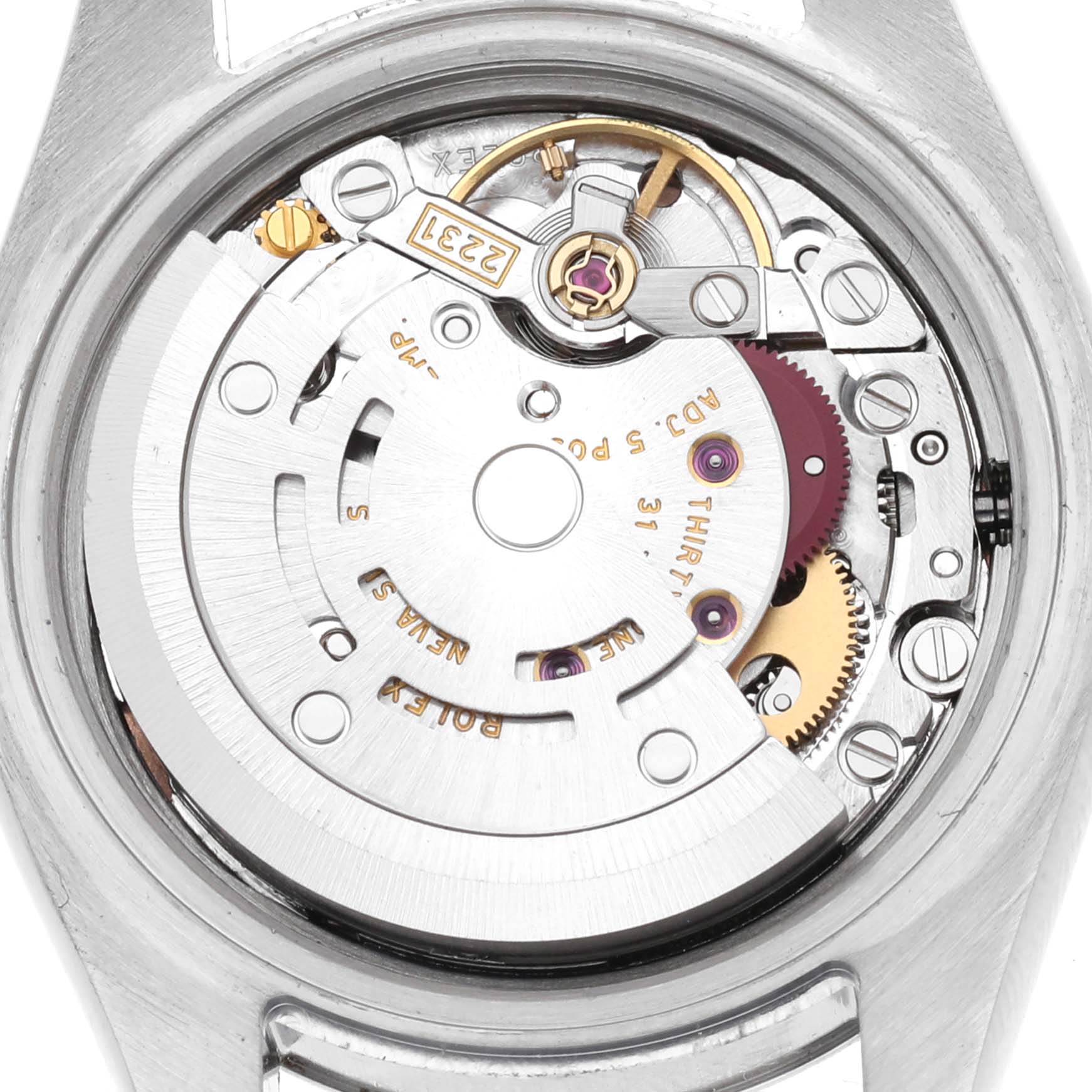 The image shows the internal mechanical movement of a Rolex Oyster Perpetual 176200 Women's Stainless Steel Pink Dial 176200 Women's Stainless Steel Pink Dial watch from a top-down angle.