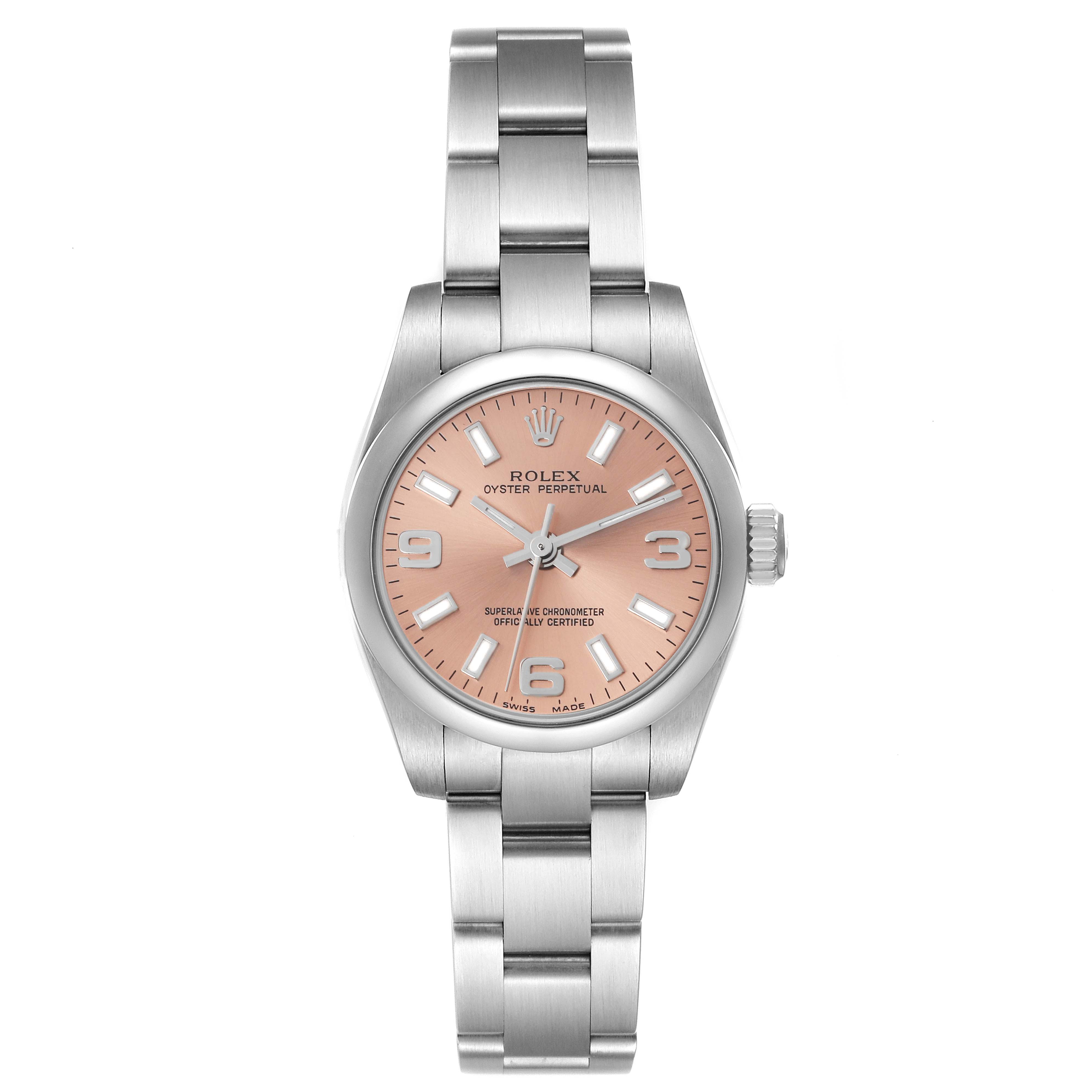 This image shows a front view of a Rolex Oyster Perpetual 176200 Women's Stainless Steel Pink Dial 176200 Women's Stainless Steel Pink Dial watch with a pink dial and stainless steel bracelet.