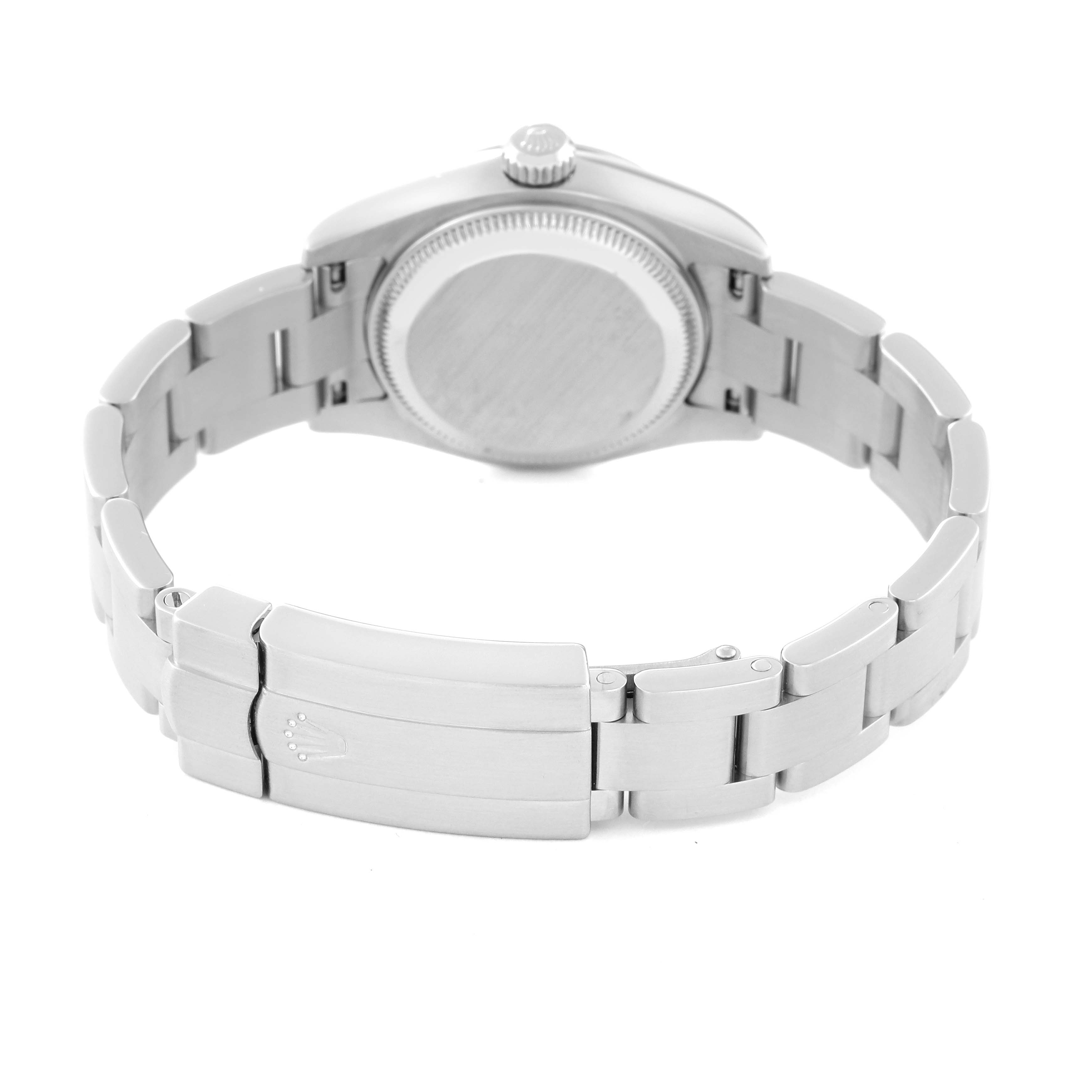 This image shows the back and clasp of a Rolex Oyster Perpetual 176200 Women's Stainless Steel Pink Dial 176200 Women's Stainless Steel Pink Dial watch, highlighting the bracelet and case back.