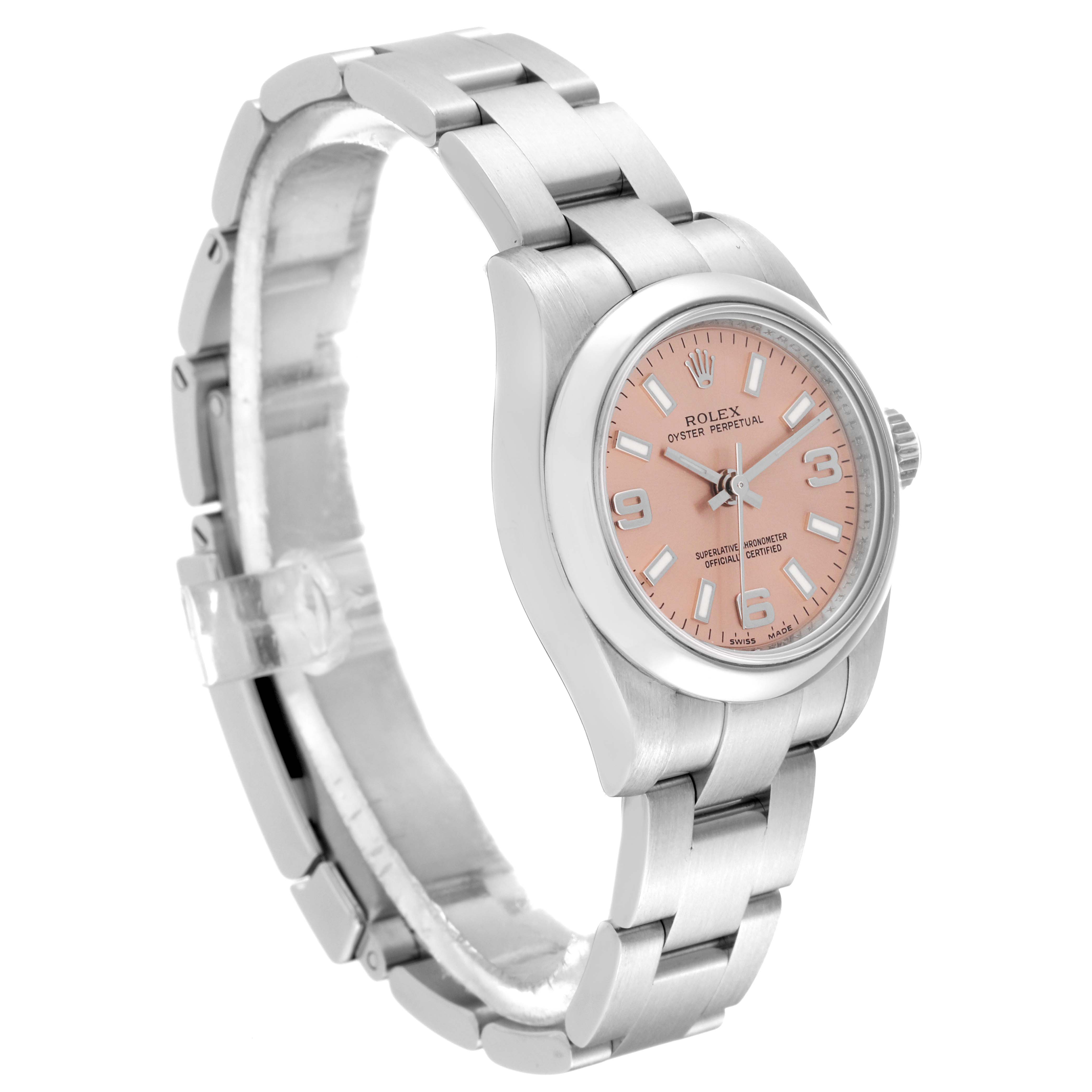 The Rolex Oyster Perpetual 176200 Women's Stainless Steel Pink Dial 176200 Women's Stainless Steel Pink Dial watch is shown at an angle displaying the bracelet, case, and dial with a pink face.