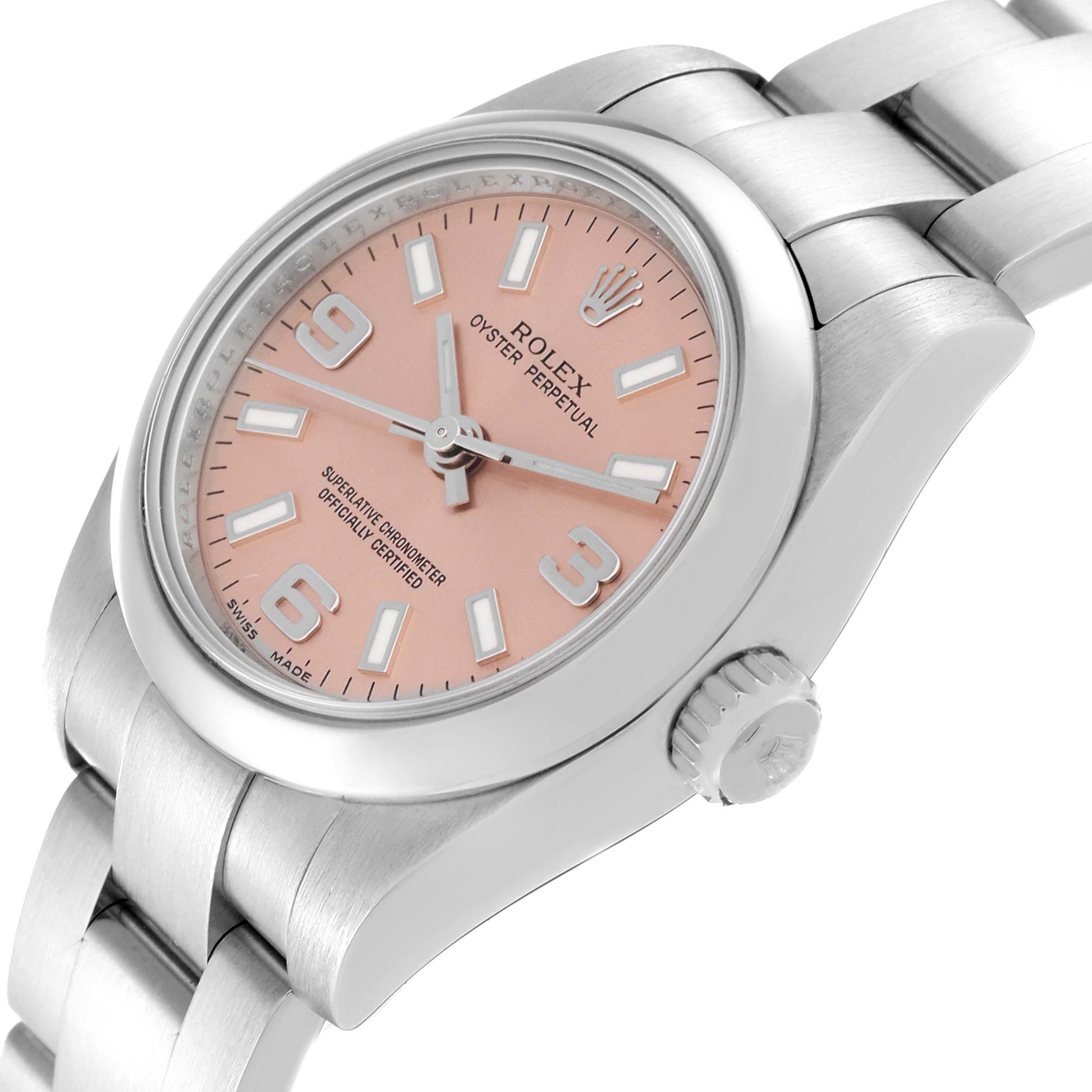 This image shows a Rolex Oyster Perpetual 176200 Women's Stainless Steel Pink Dial 176200 Women's Stainless Steel Pink Dial watch at an angle highlighting the dial, crown, and part of the bracelet.