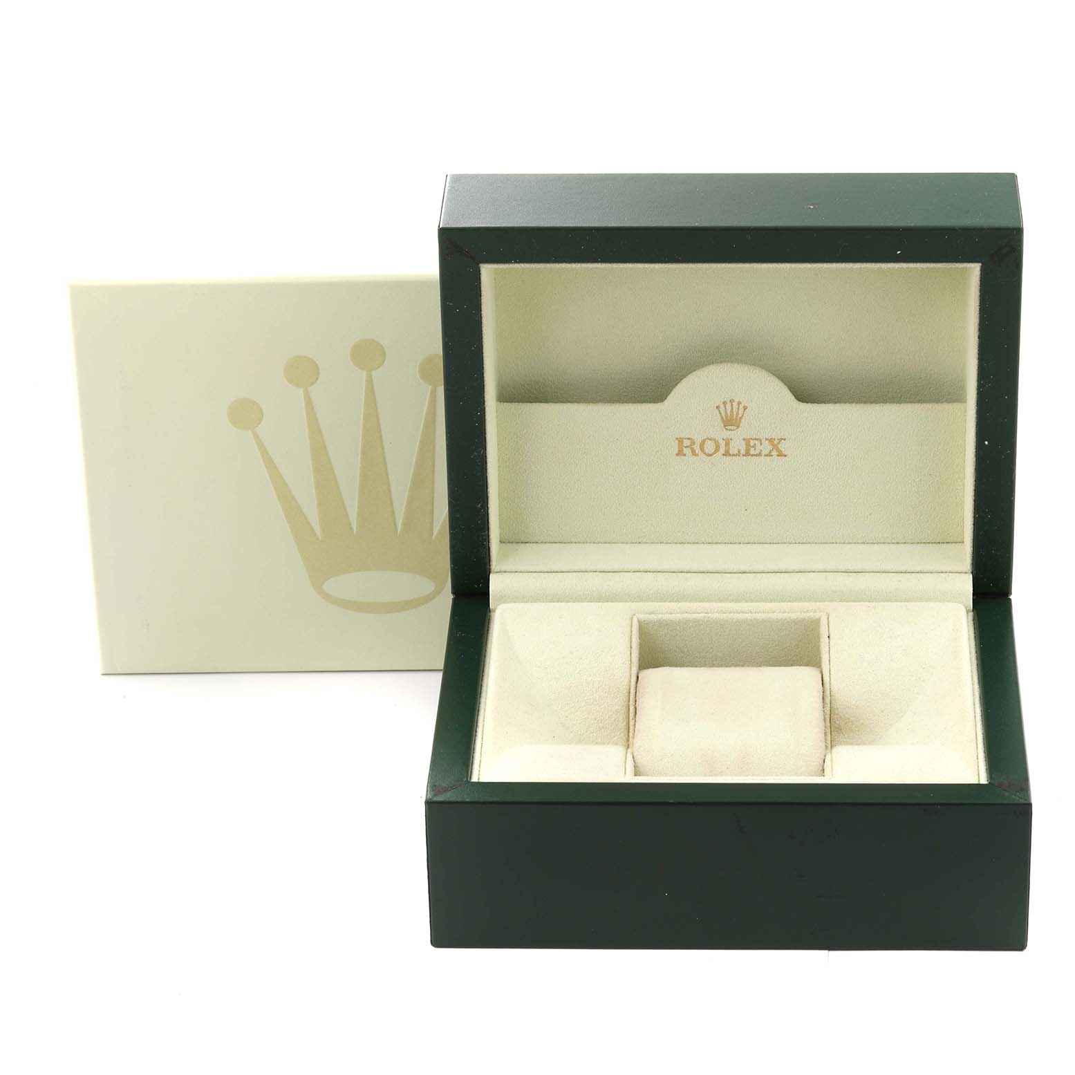 This image shows the open box and outer packaging for a Rolex Oyster Perpetual 176200 Women's Stainless Steel Pink Dial 176200 Women's Stainless Steel Pink Dial watch, highlighting the brand logo and compartments.