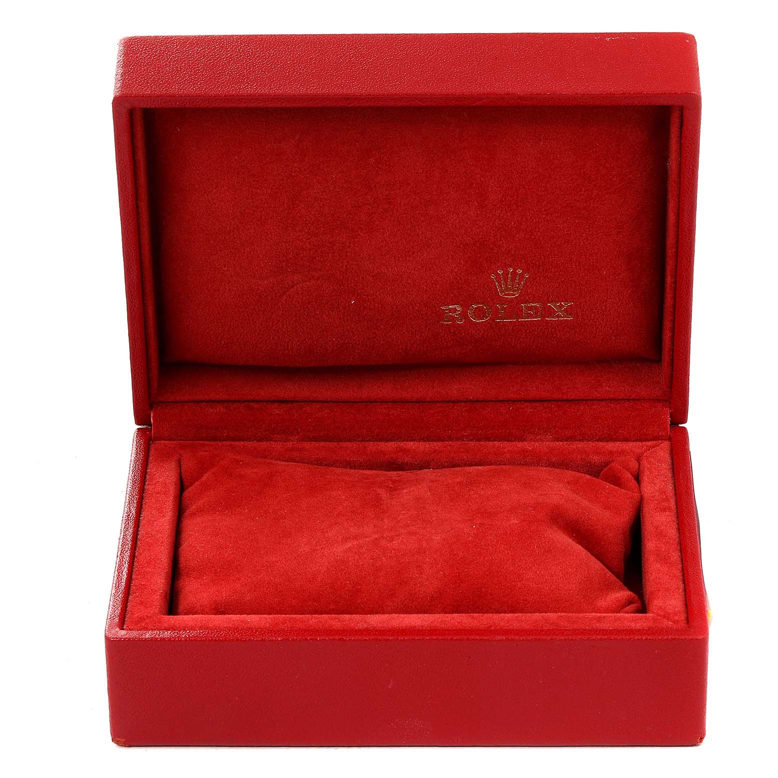 The image shows an open red Rolex box for an Oyster Perpetual model, without the watch inside.
