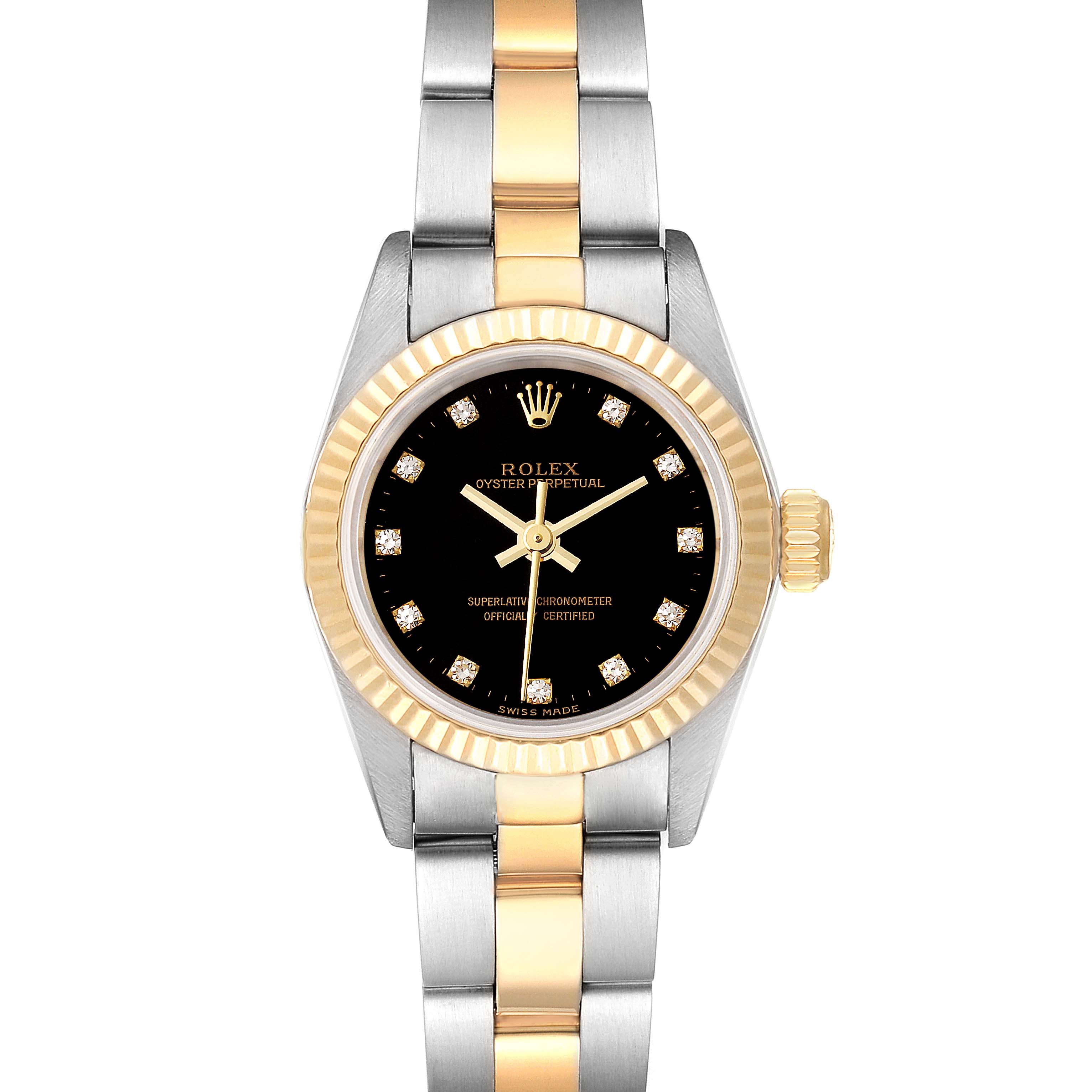 This image shows the front view of a Rolex Oyster Perpetual 67193 Women's Steel and Gold (two tone) Black Dial 67193 Women's Steel and Gold (two tone) Black Dial watch with a two-tone band and black dial.
