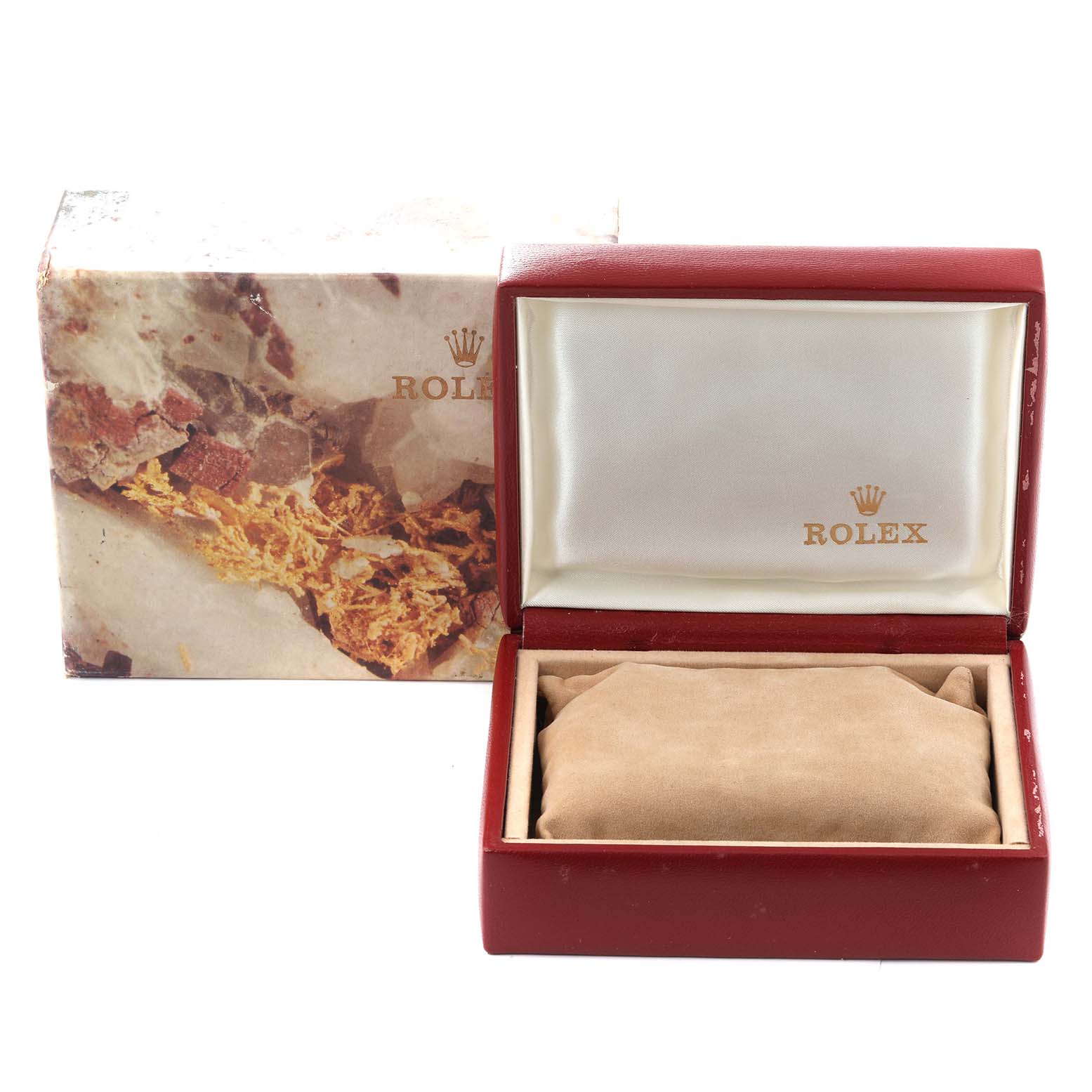 The image shows a Rolex Oyster Perpetual 67193 Women's Steel and Gold (two tone) Champagne Dial 67193 Women's Steel and Gold (two tone) Champagne Dial watch box with the lid open, revealing a cushioned interior and the Rolex brand logo.