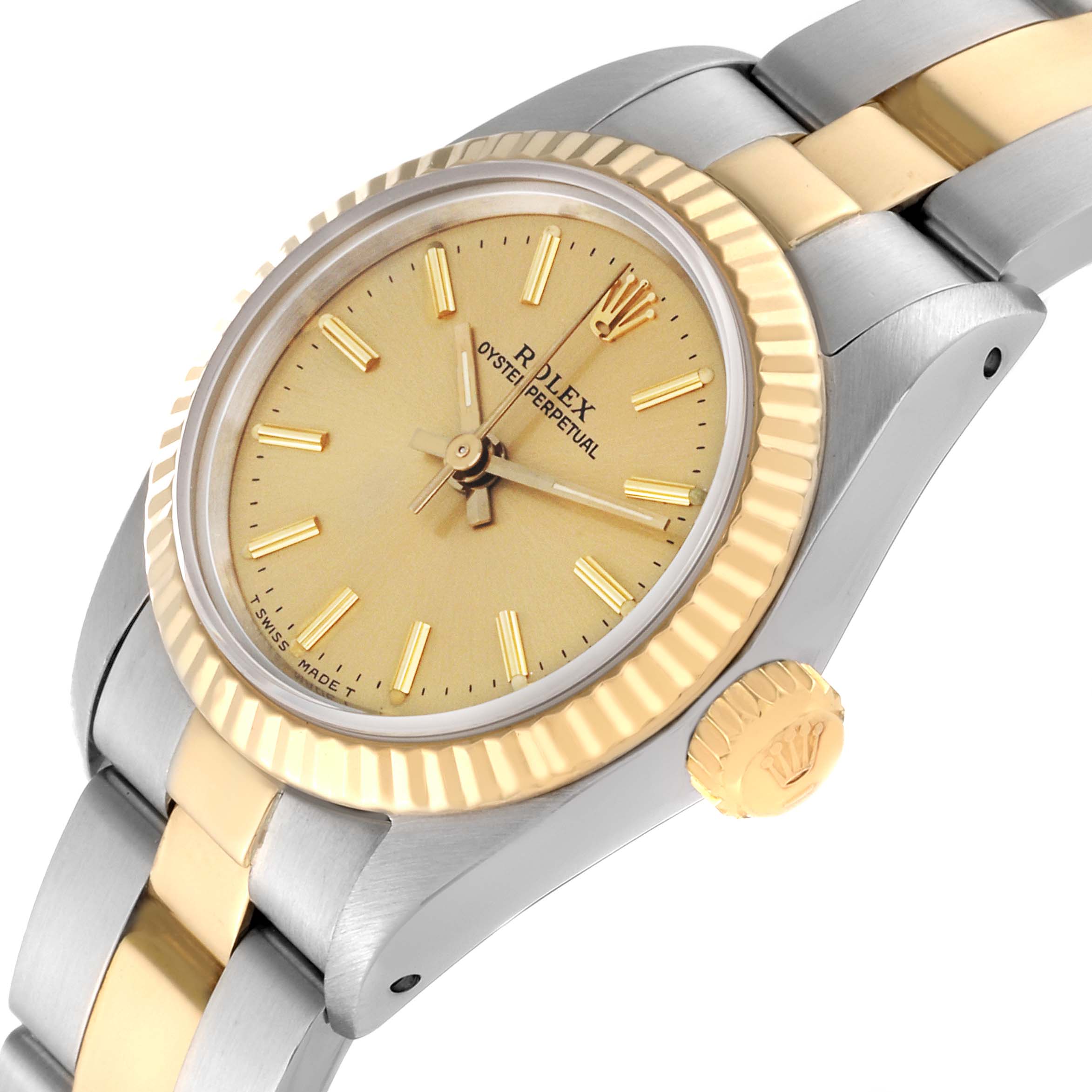 The image shows a Rolex Oyster Perpetual 67193 Women's Steel and Gold (two tone) Champagne Dial 67193 Women's Steel and Gold (two tone) Champagne Dial watch, highlighting the gold dial, fluted bezel, crown, and the two-tone bracelet.