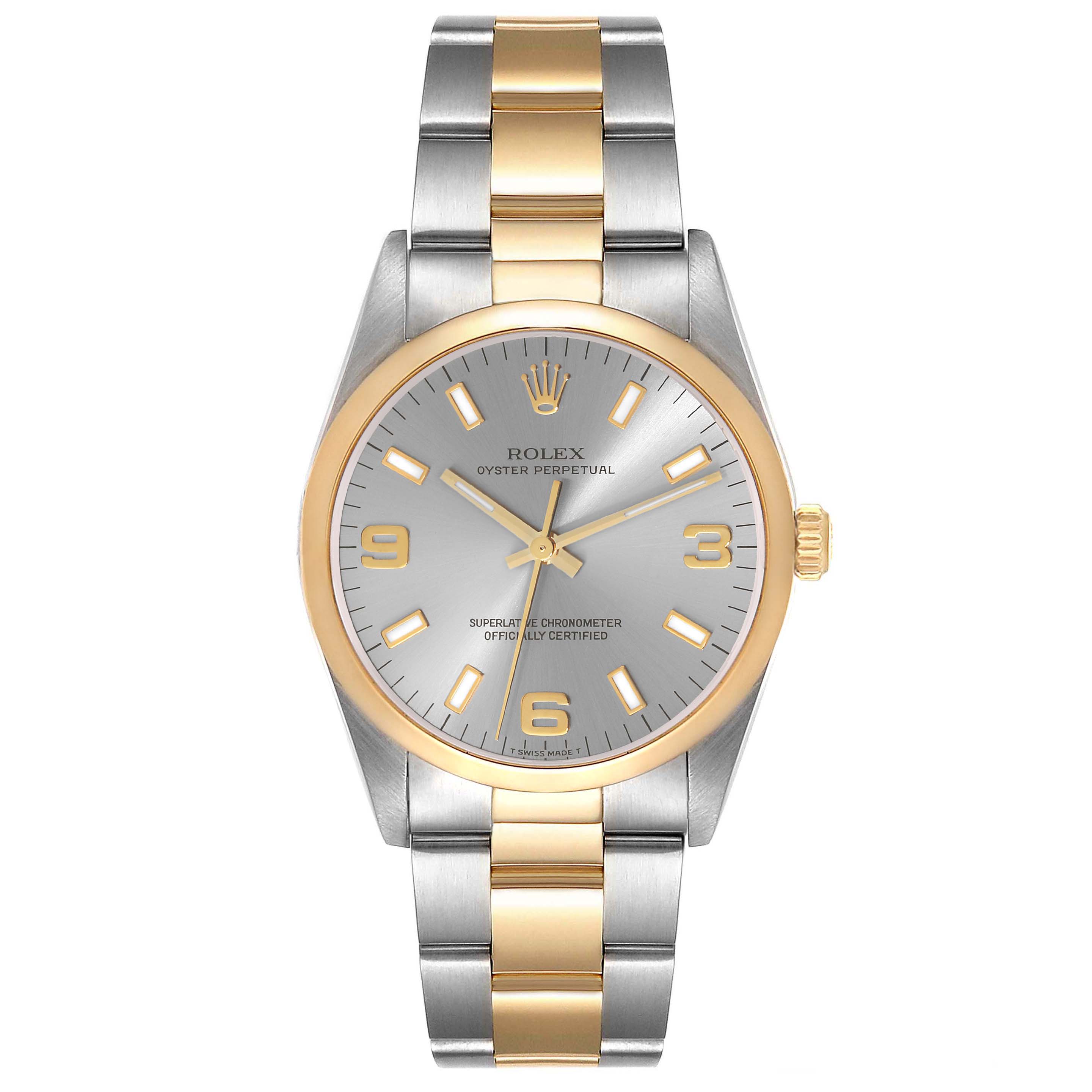 This image shows a Rolex Oyster Perpetual 14203 Men's Steel and Gold (two tone) Grey Dial 14203 Men's Steel and Gold (two tone) Grey Dial watch from a front angle, highlighting the face, bezel, and bracelet.