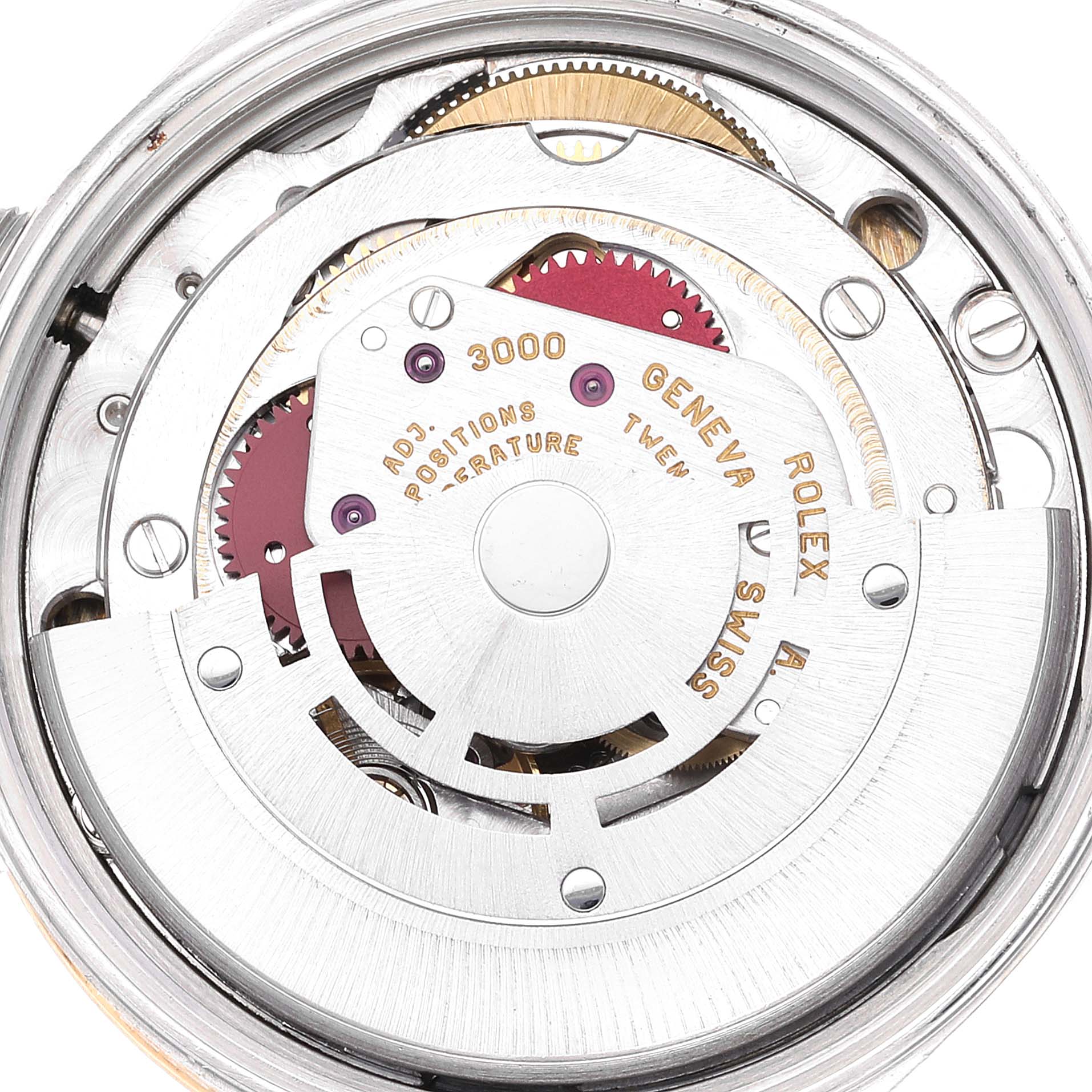 This image shows the internal mechanism of a Rolex Oyster Perpetual 14203 Men's Steel and Gold (two tone) Grey Dial 14203 Men's Steel and Gold (two tone) Grey Dial watch, focusing on the movement and gears.