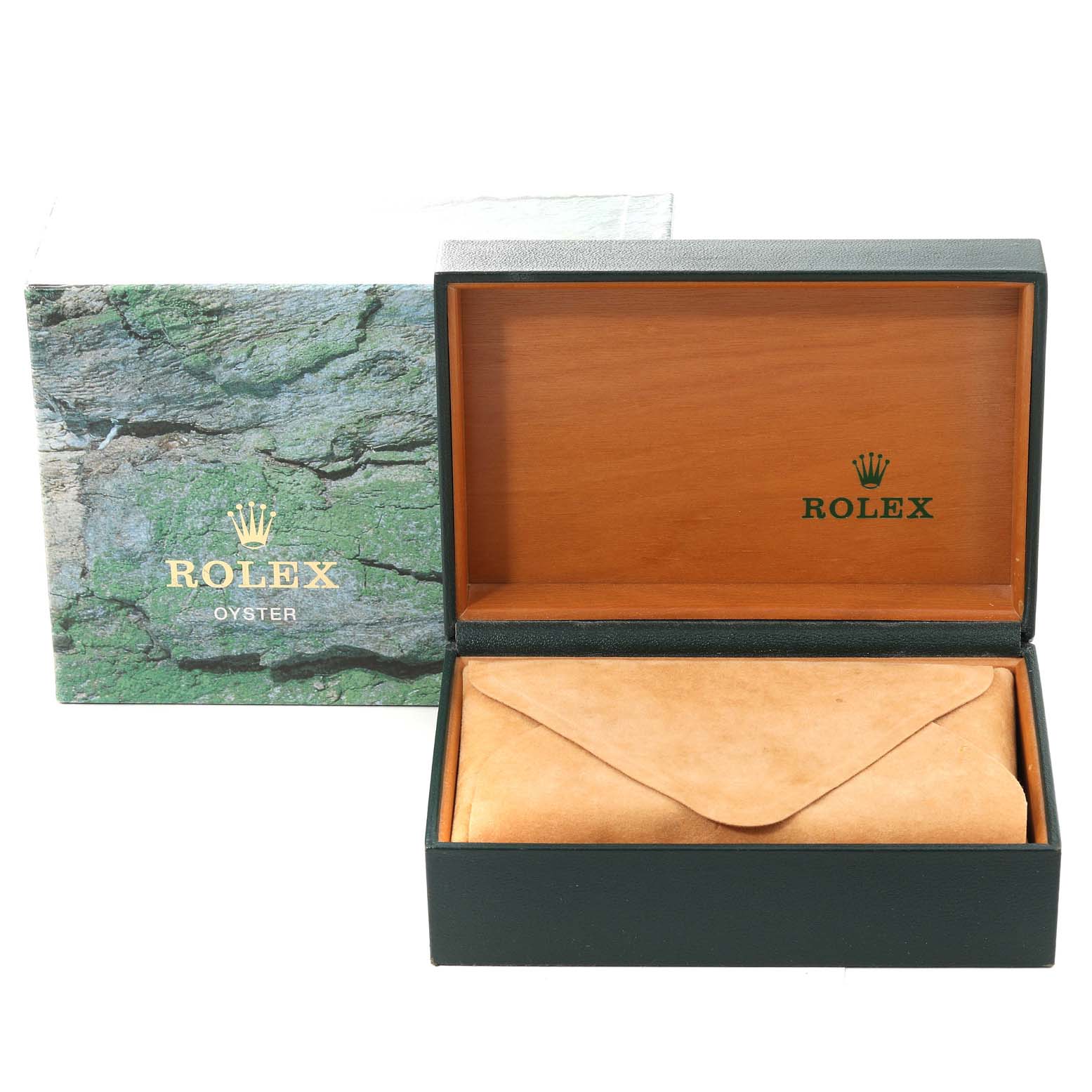 The image displays a Rolex Oyster Perpetual 14203 Men's Steel and Gold (two tone) Grey Dial 14203 Men's Steel and Gold (two tone) Grey Dial watch box and outer case from a front-facing angle with an interior envelope.