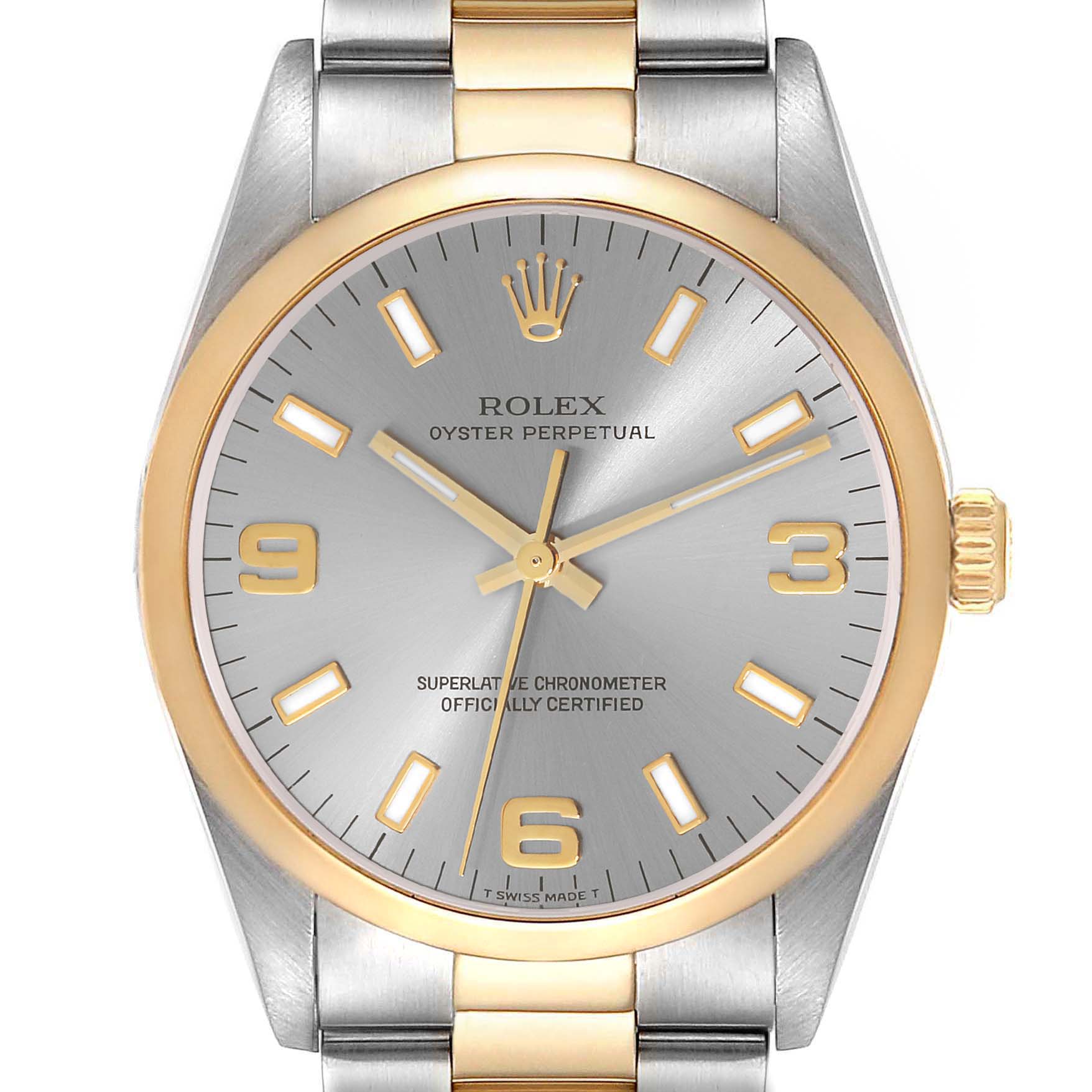 The image shows a front view of a Rolex Oyster Perpetual 14203 Men's Steel and Gold (two tone) Grey Dial 14203 Men's Steel and Gold (two tone) Grey Dial watch, highlighting its gold and stainless steel case, crown, and bracelet.