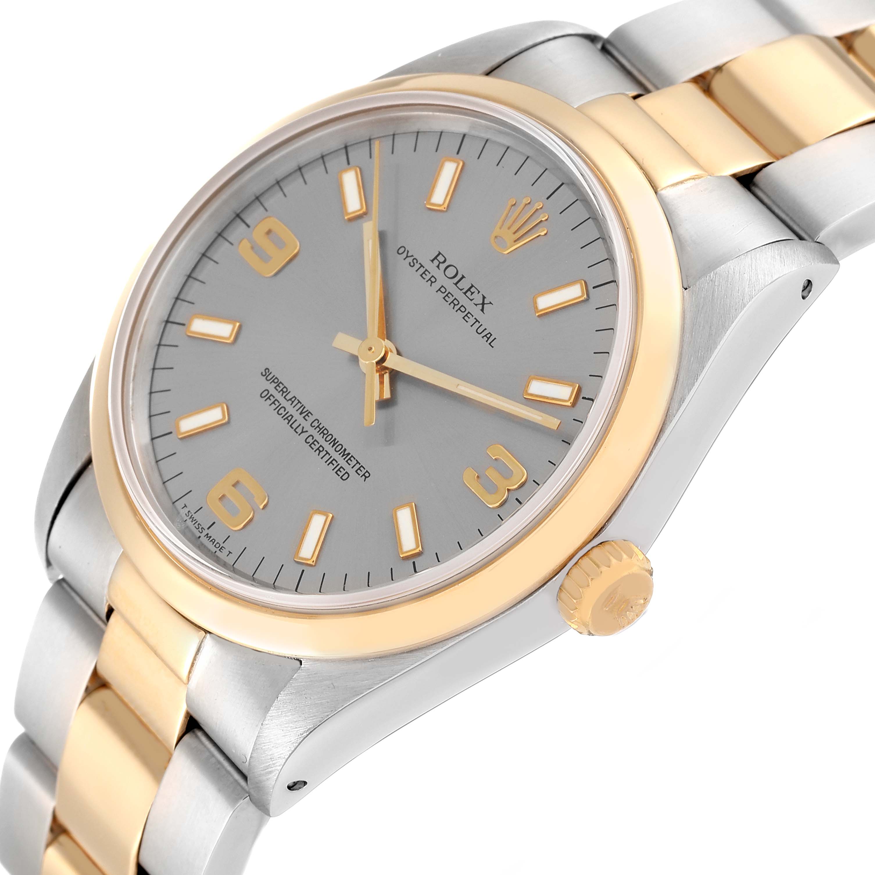 The image shows a Rolex Oyster Perpetual 14203 Men's Steel and Gold (two tone) Grey Dial 14203 Men's Steel and Gold (two tone) Grey Dial watch at an angled view, highlighting the dial, bezel, crown, and partially the bracelet.