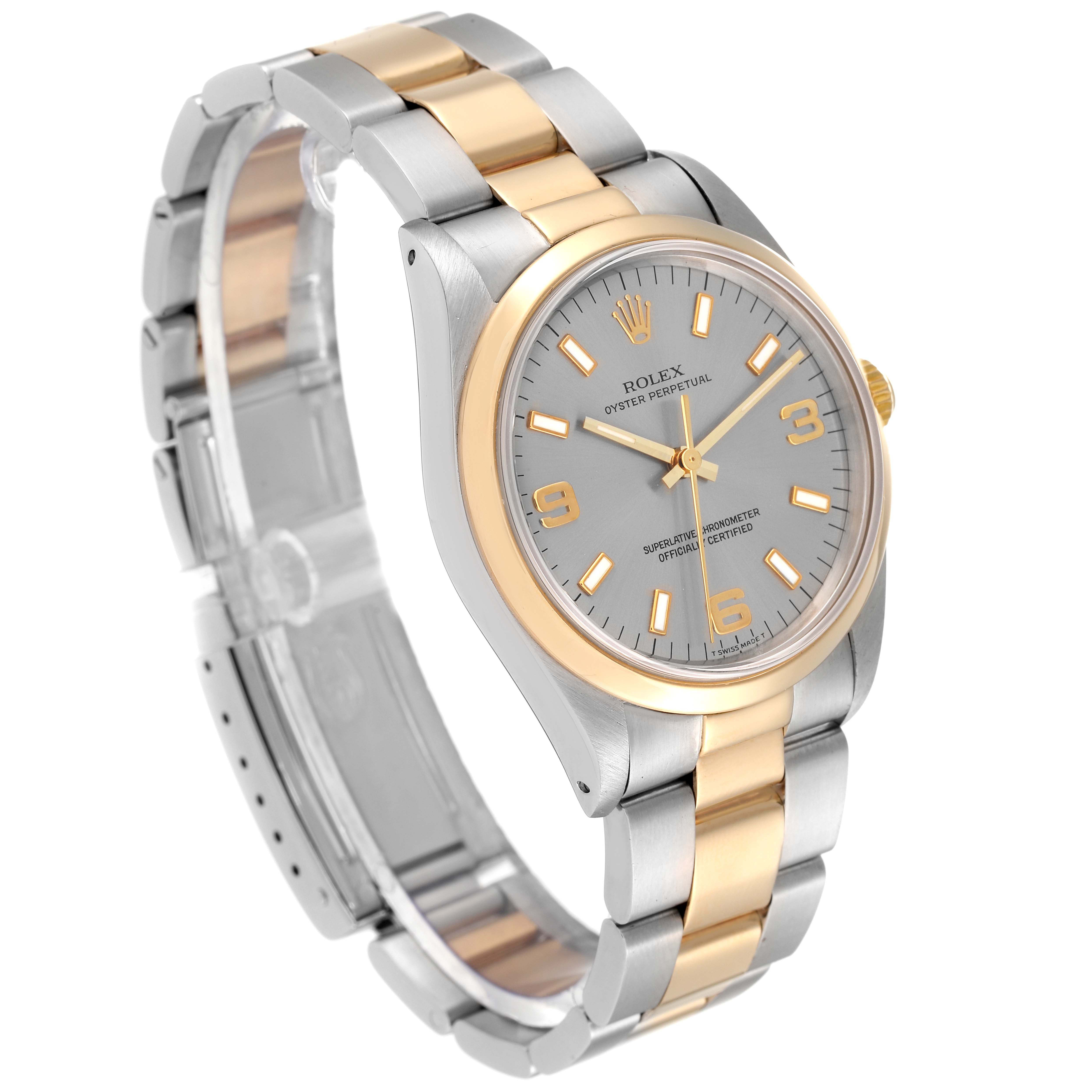 The Rolex Oyster Perpetual 14203 Men's Steel and Gold (two tone) Grey Dial 14203 Men's Steel and Gold (two tone) Grey Dial watch is shown at a three-quarter angle, highlighting the dial, bracelet, and clasp.