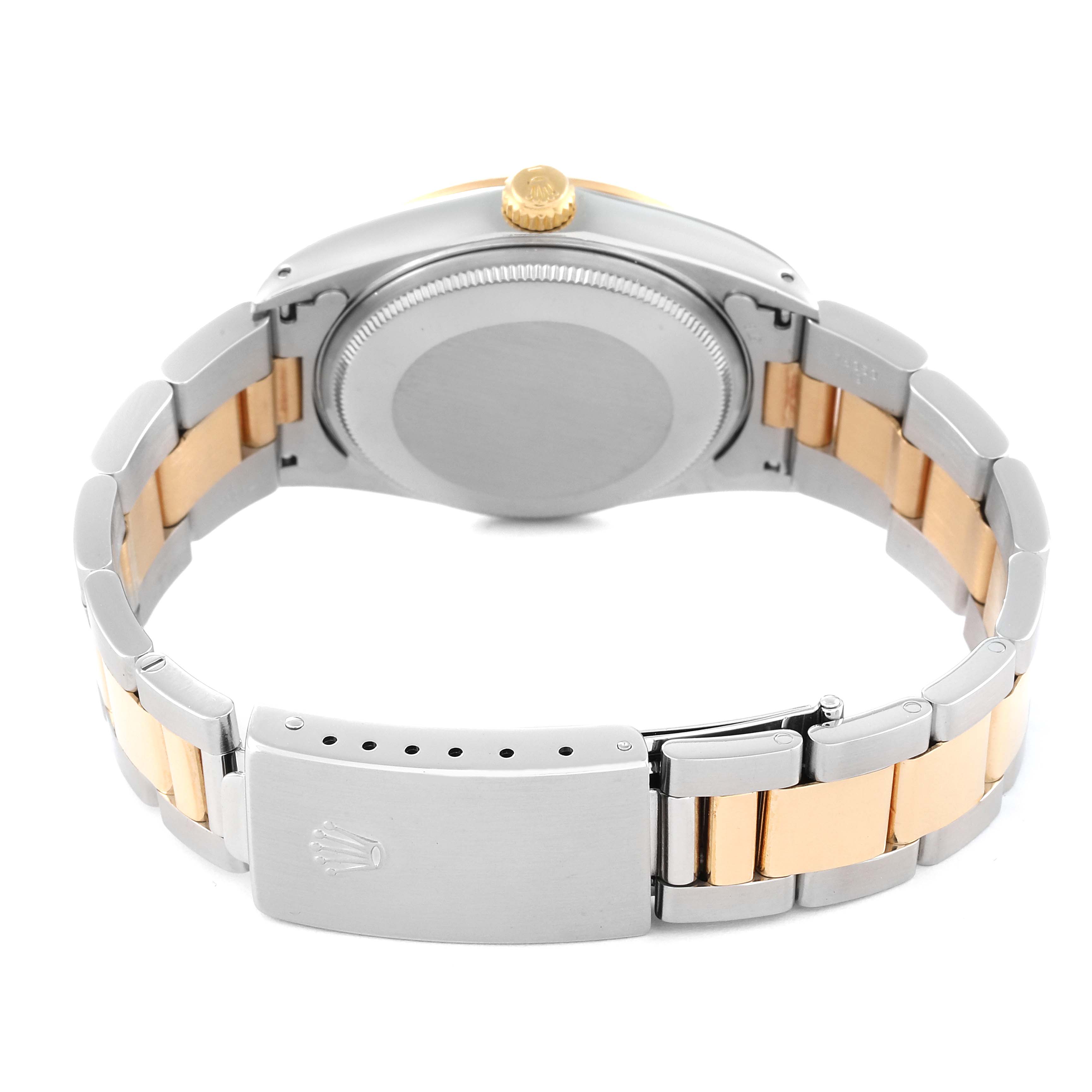 The image shows the back view of a Rolex Oyster Perpetual 14203 Men's Steel and Gold (two tone) Grey Dial 14203 Men's Steel and Gold (two tone) Grey Dial watch, highlighting the case back and two-tone bracelet with a closed clasp.