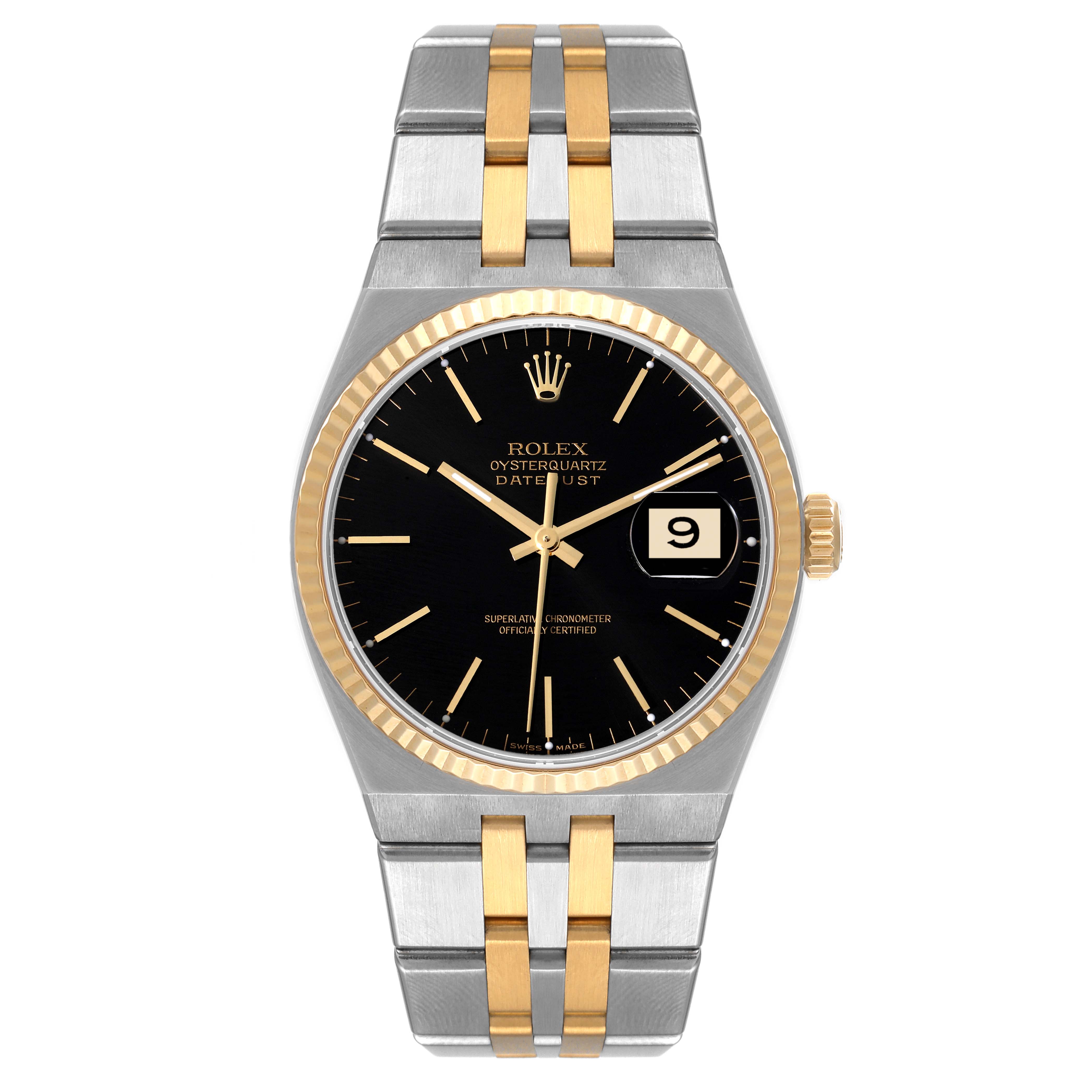 This image shows a Rolex Datejust 17013 Men's Steel and Gold (two tone) Black Dial 17013 Men's Steel and Gold (two tone) Black Dial watch from a top view, highlighting the face, bezel, bracelet, and crown.