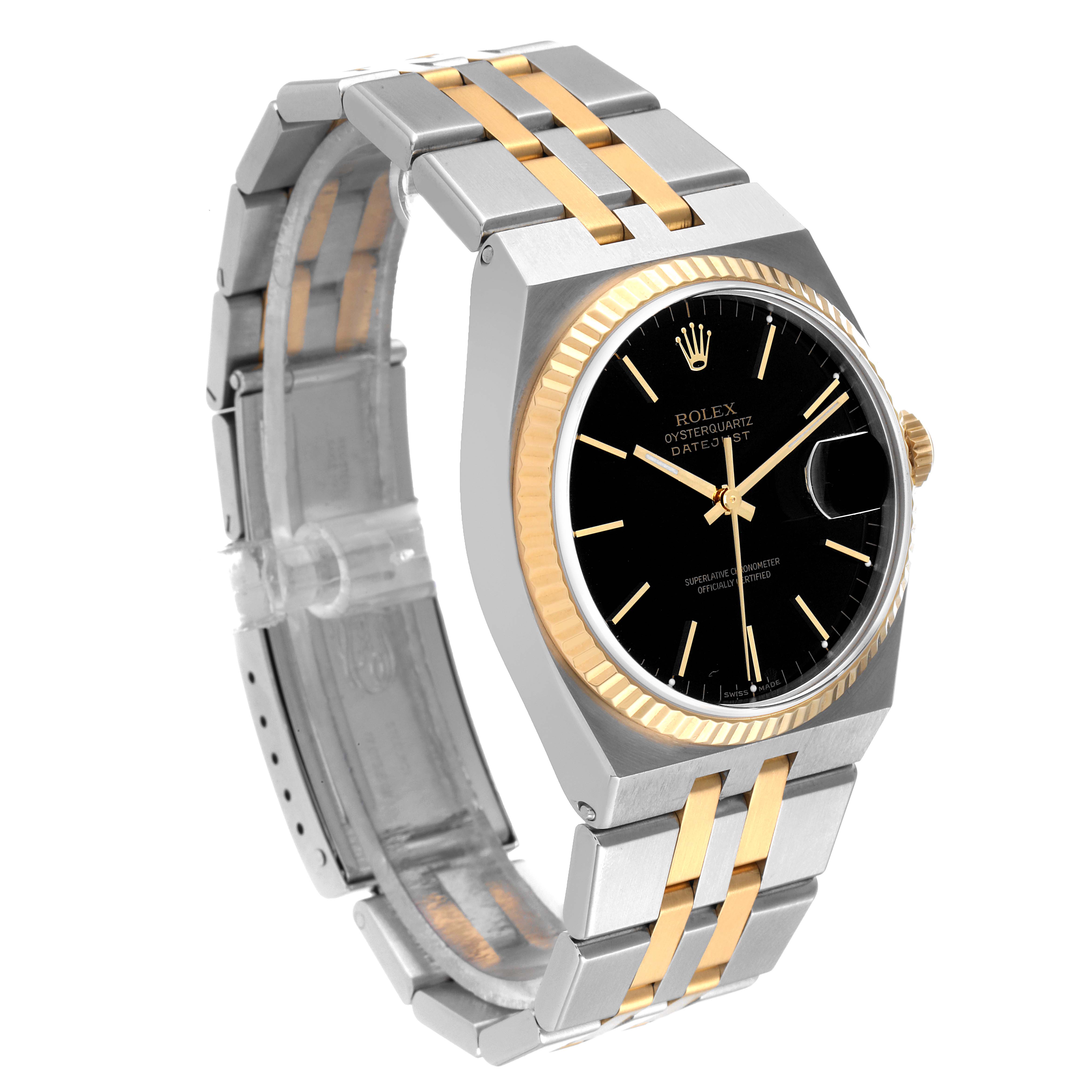 The Rolex Datejust 17013 Men's Steel and Gold (two tone) Black Dial 17013 Men's Steel and Gold (two tone) Black Dial watch is shown at an angle displaying its face, bracelet, case, and crown.