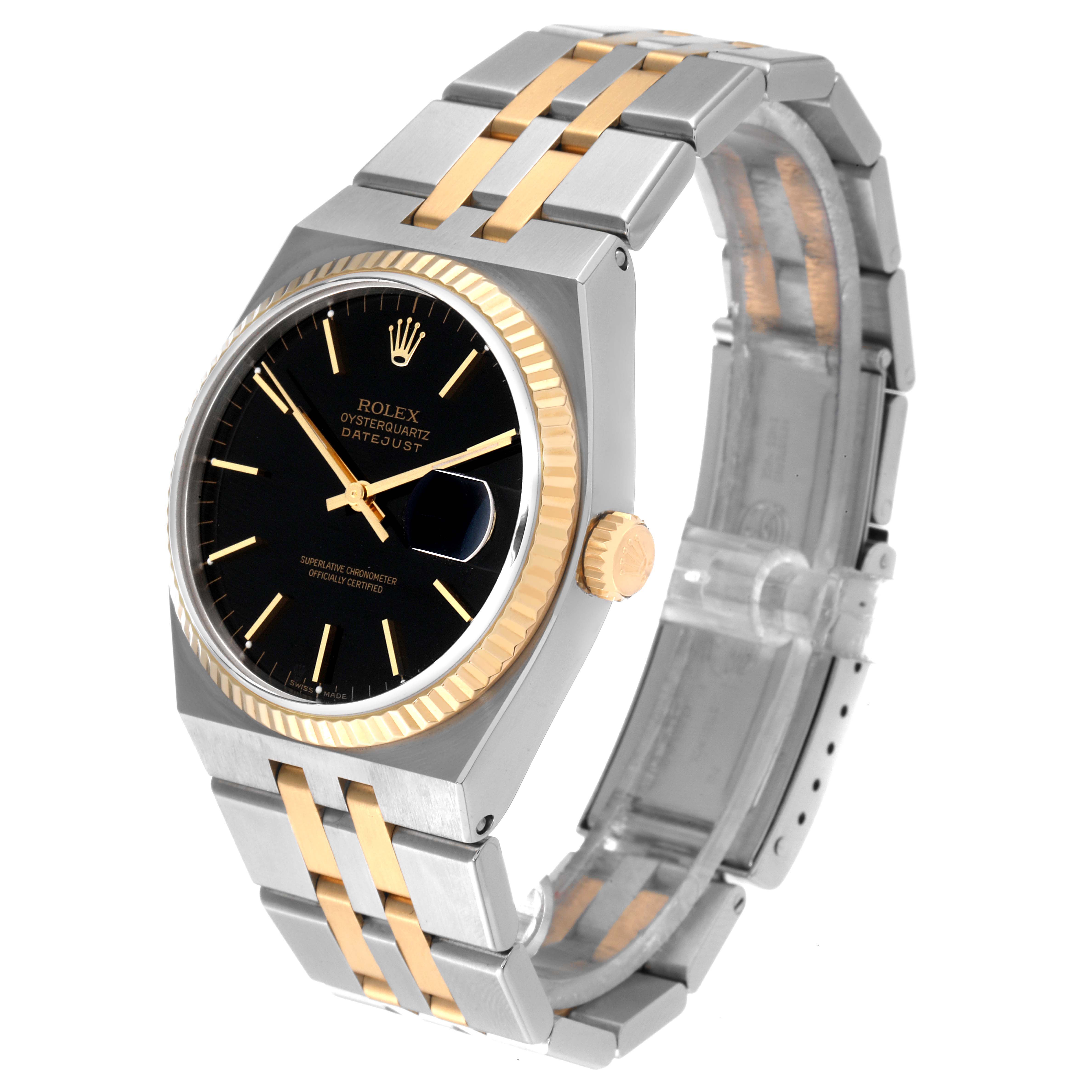 The image shows a side angle of the Rolex Datejust 17013 Men's Steel and Gold (two tone) Black Dial 17013 Men's Steel and Gold (two tone) Black Dial watch, displaying its black dial, gold bezel, and two-tone bracelet.